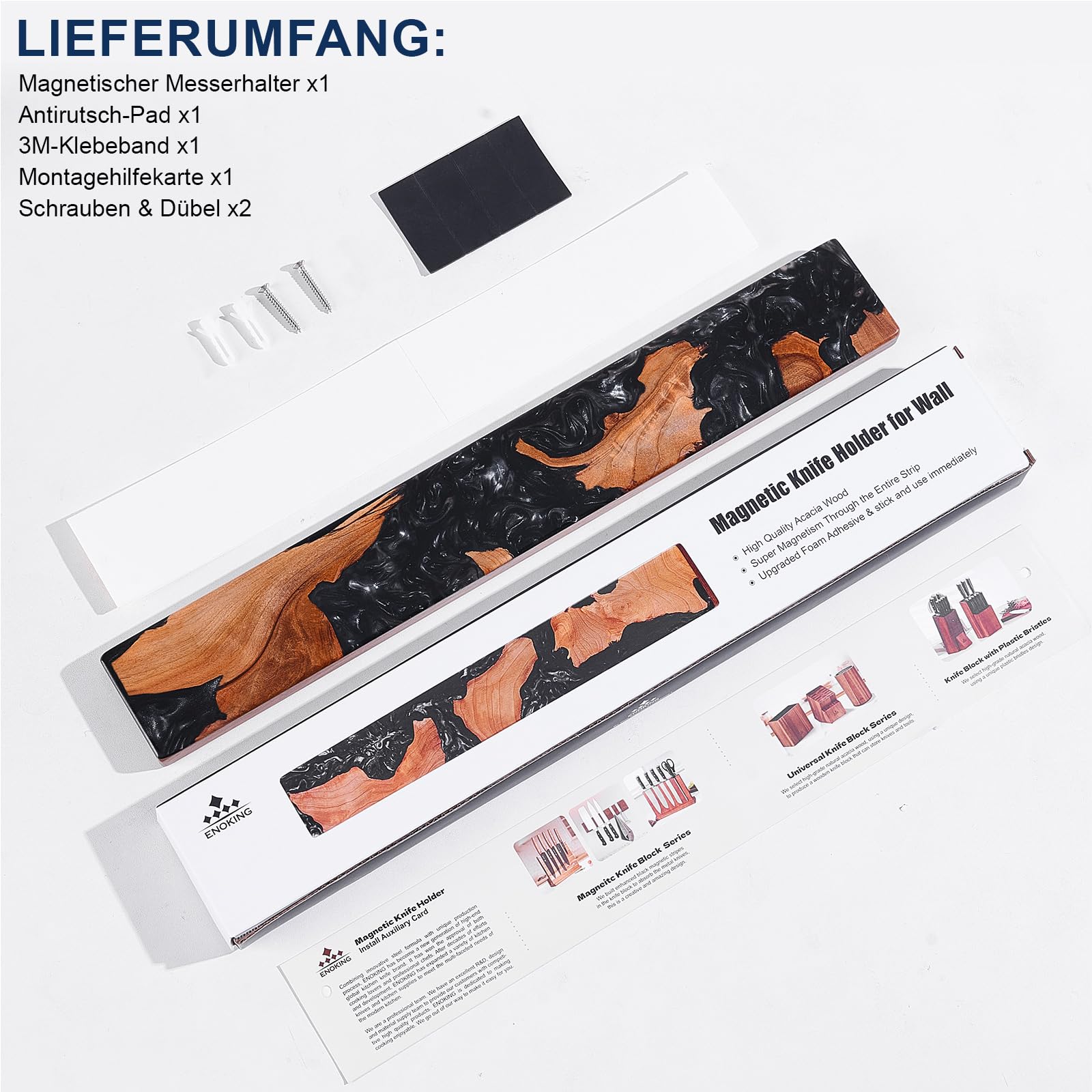 ENOKING Magnetische Messerleiste 40cm, Magnet Messerhalter aus Akazienholz & Schwarzem Resin, Magnetischer Messerhalter Wand mit Starker Magnetkraft, Messerleiste Wandmontage mit Kleben oder Bohren