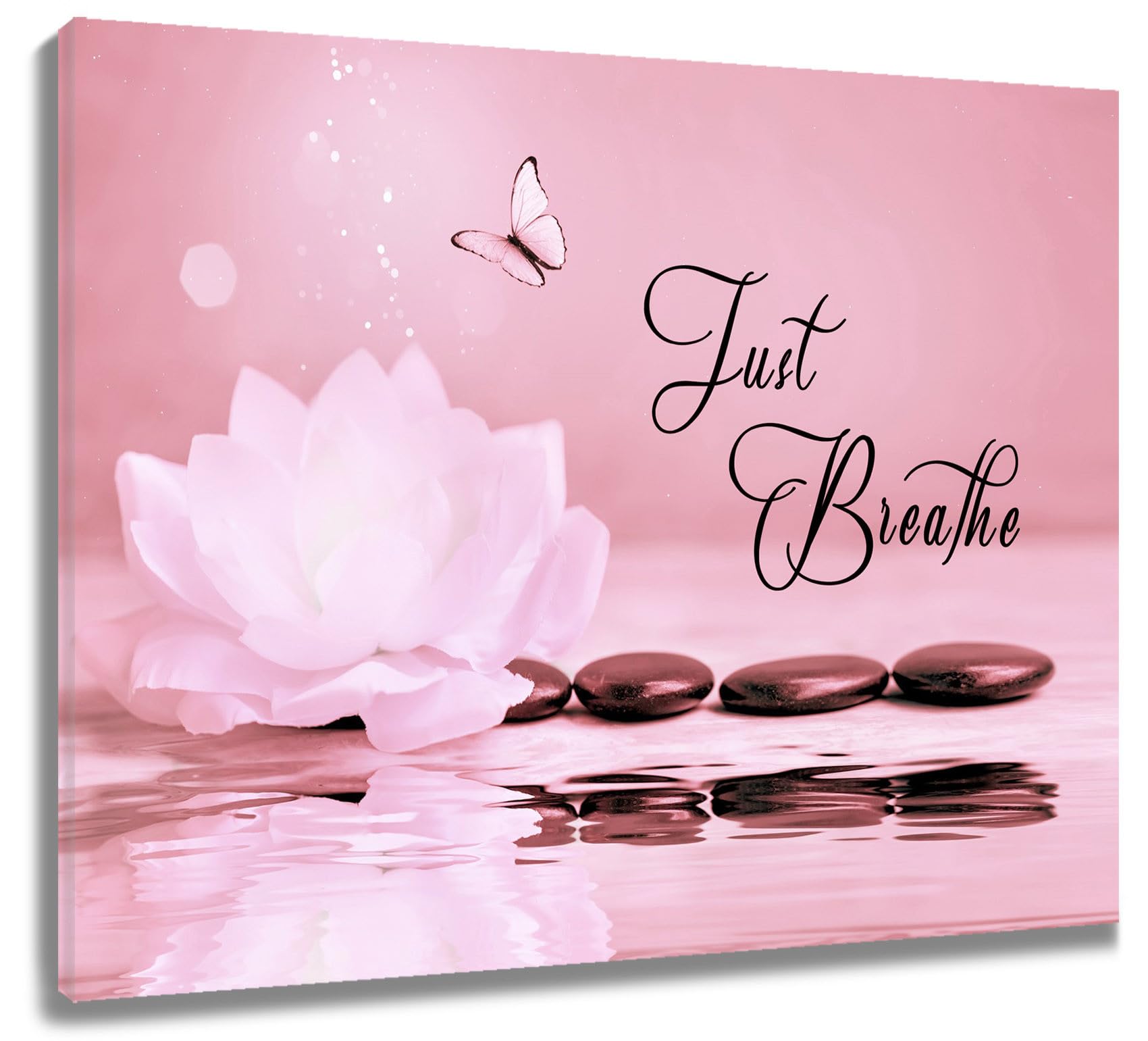 LB Zen Stone Wall Art Waterlily Flower Pink Butterfly Canvas Wall Art for Living Room Just Breathe Yoga Spa Relax Poster Paint Wall Art Decor for Bathroom Kitchen Bedroom,10Wx8H inch Wooden Framed โ image 1