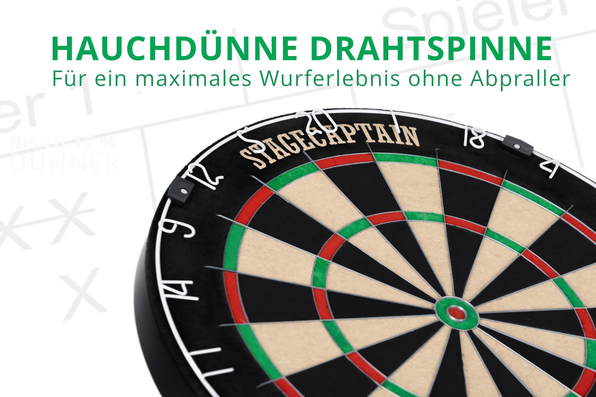 Stagecaptain DBS-1715 Bullseye Pro Dartscheibe mit Pfeilen - Profi Steeldartscheibe aus Sisal - Dartboard mit extra dünnen Drähten - Dart Scheibe mit 6 Dartpfeilen und 4 Sets Flights