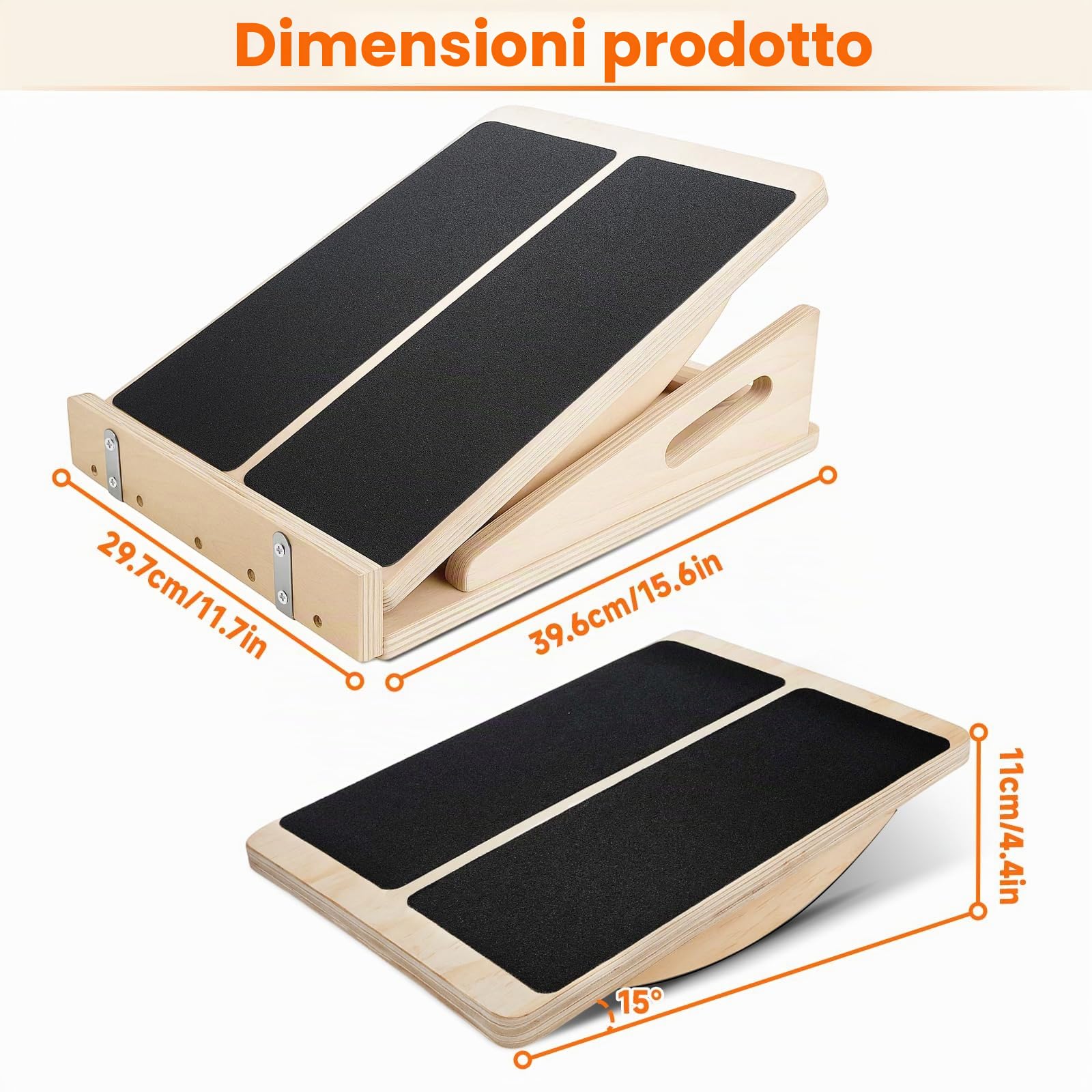 Tavola Inclinata in Legno, 2-Ini-1 Slant Board & Tavola Equilibrio con tappetino antiscivolo, 4 angoli regolabili Balance Board per Tallone, Squat, Stacco da Terra
