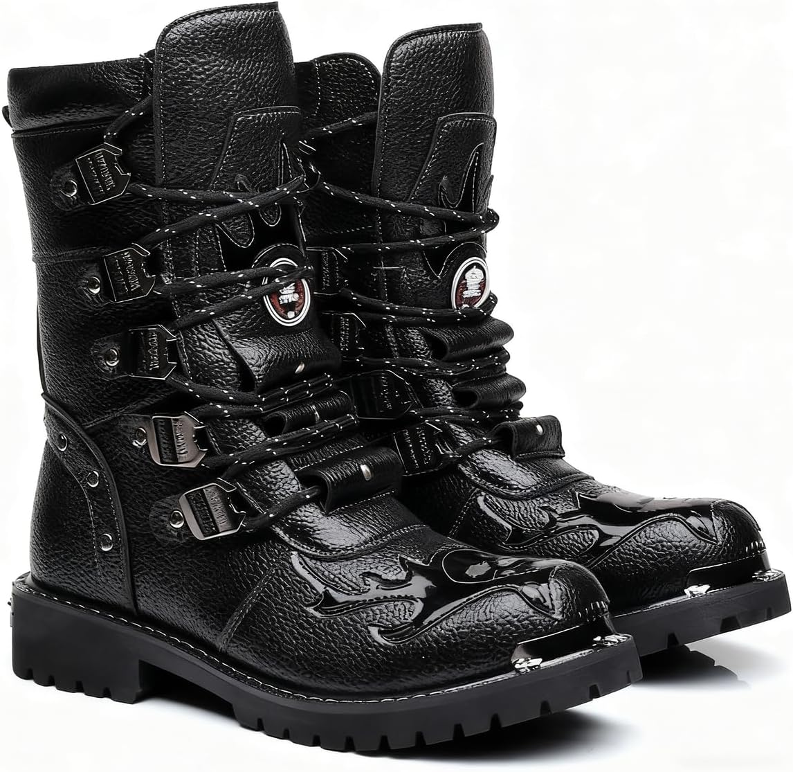 Santimon Men's Gothic Combat Boots Punk Rock Motorcycle Biker Boots Lace-Up Mid-Calf Rivet Boots