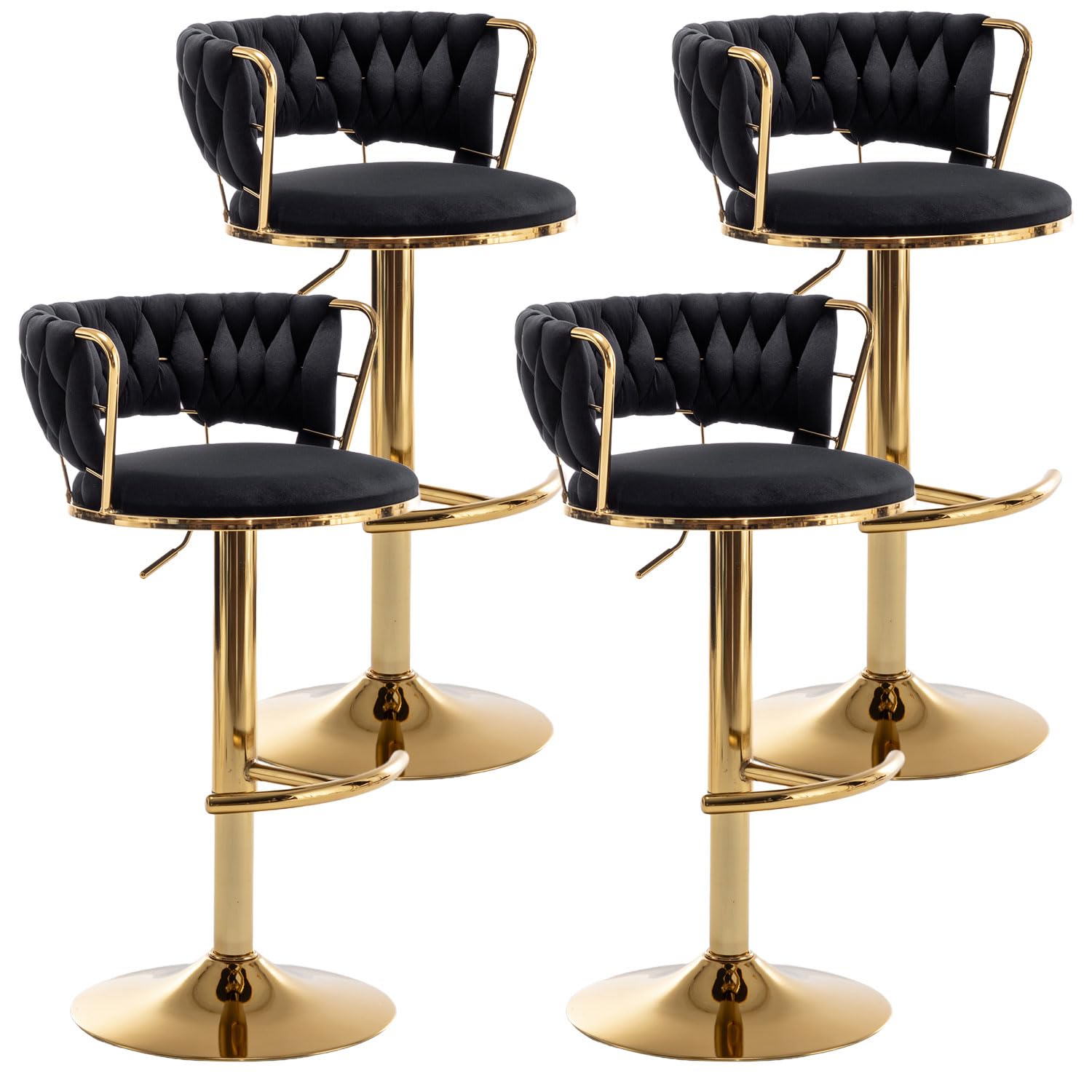 Riknuxi Gold Velvet Bar Stools Set of 4, Counter Height Barstools with Low Back, Swivel Bar Stool for Kitchen Island, Pub (Black)