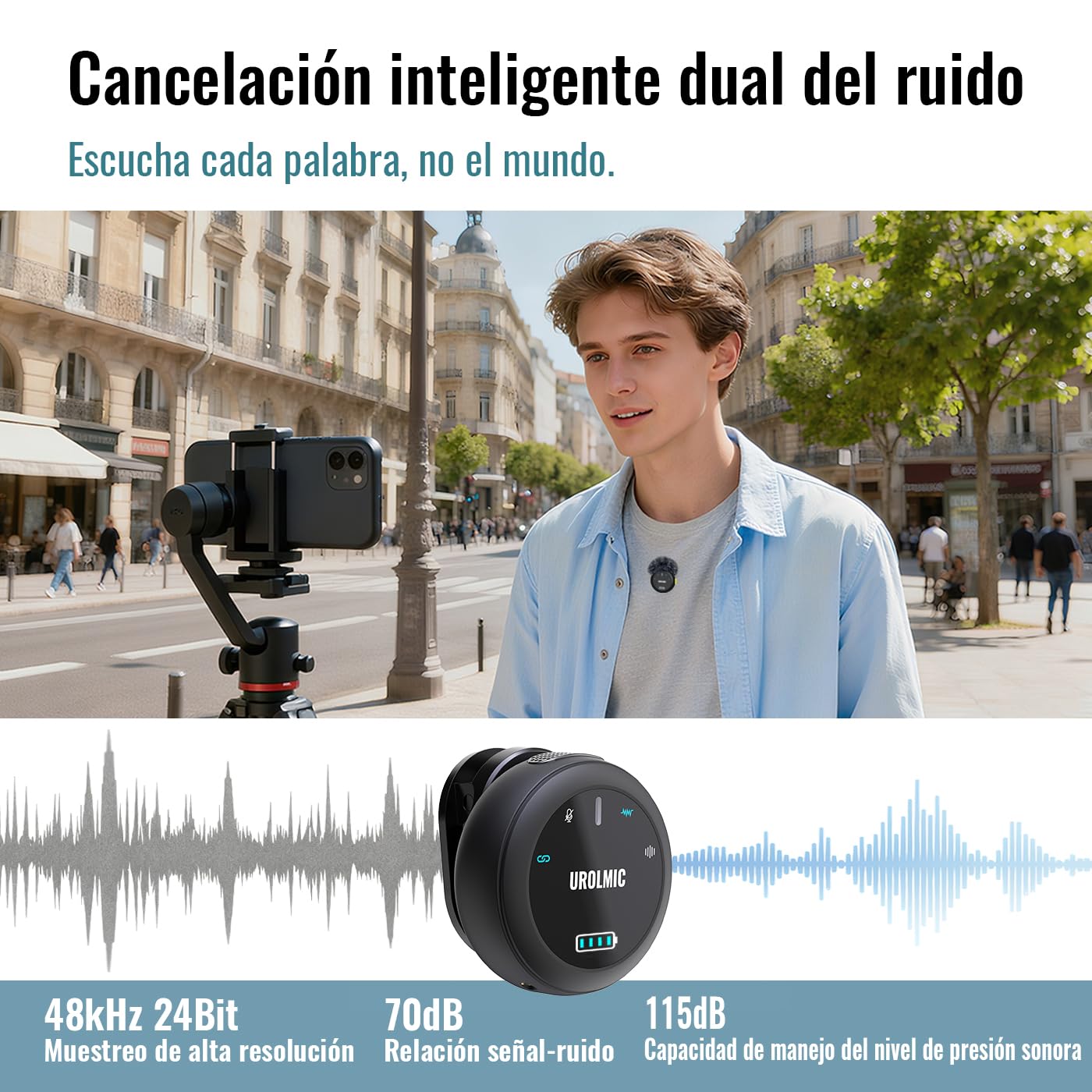 Micrófono Inalámbrico 2 en 1 para iPhone y Android, 40h Batería, 55m Alcance, Cancelación de Ruido, Micrófono de Solapa con Imán para Grabación