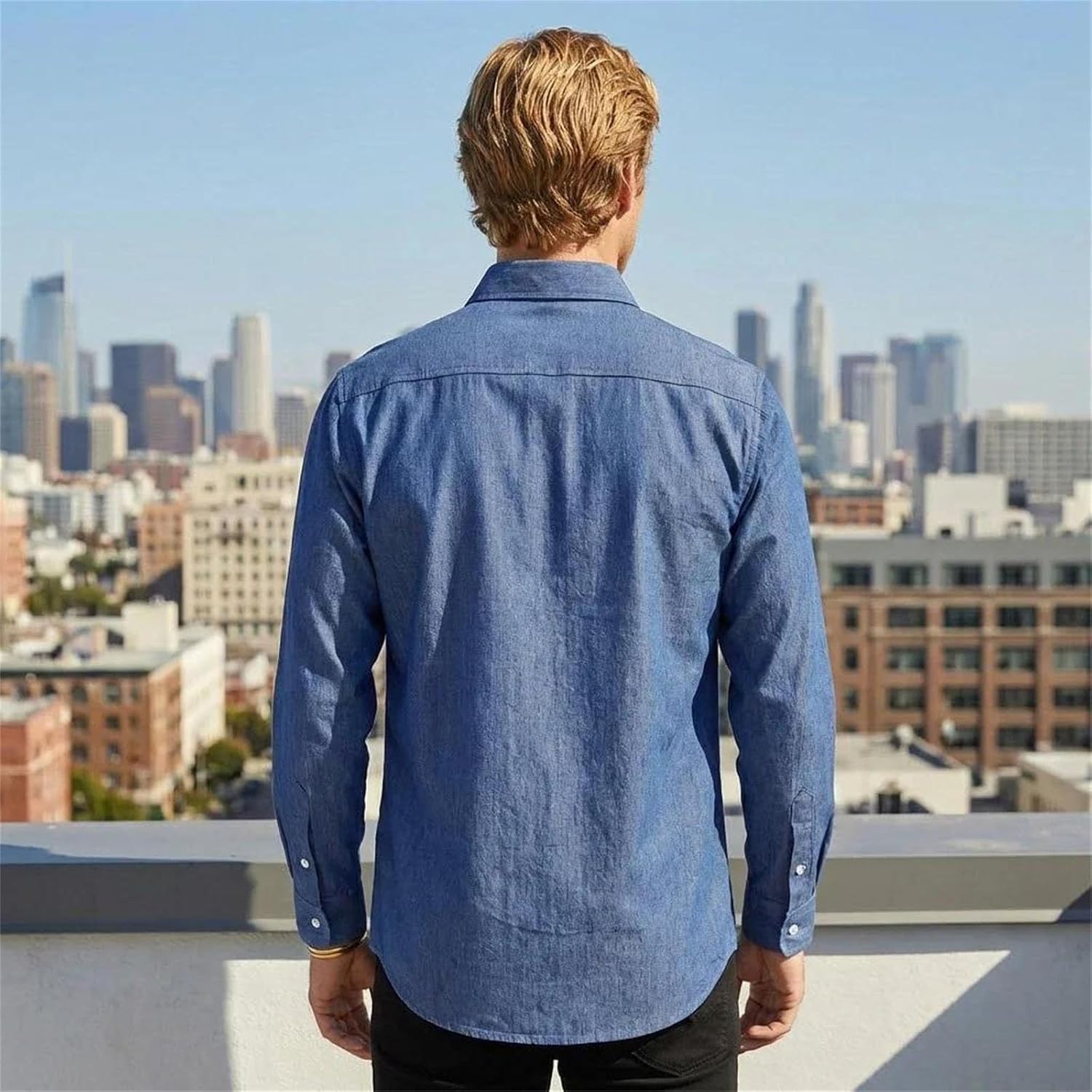 Men's Denim Shirt Long Sleeve Casual Regular Fit Button Down Lightweight Spring Urban Wear