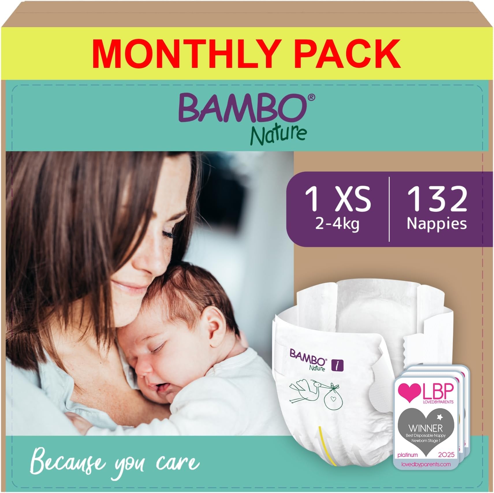 – Bambo Nature Premium Eco Nappies, Size 1 (4-9 lb/2-4 kg), 132PK, Eco-Labelled Newborn Nappy, Enhanced Leakage Protection, Secure and Comfortable Baby Nappies, Newborn Essentials, Pack of 6