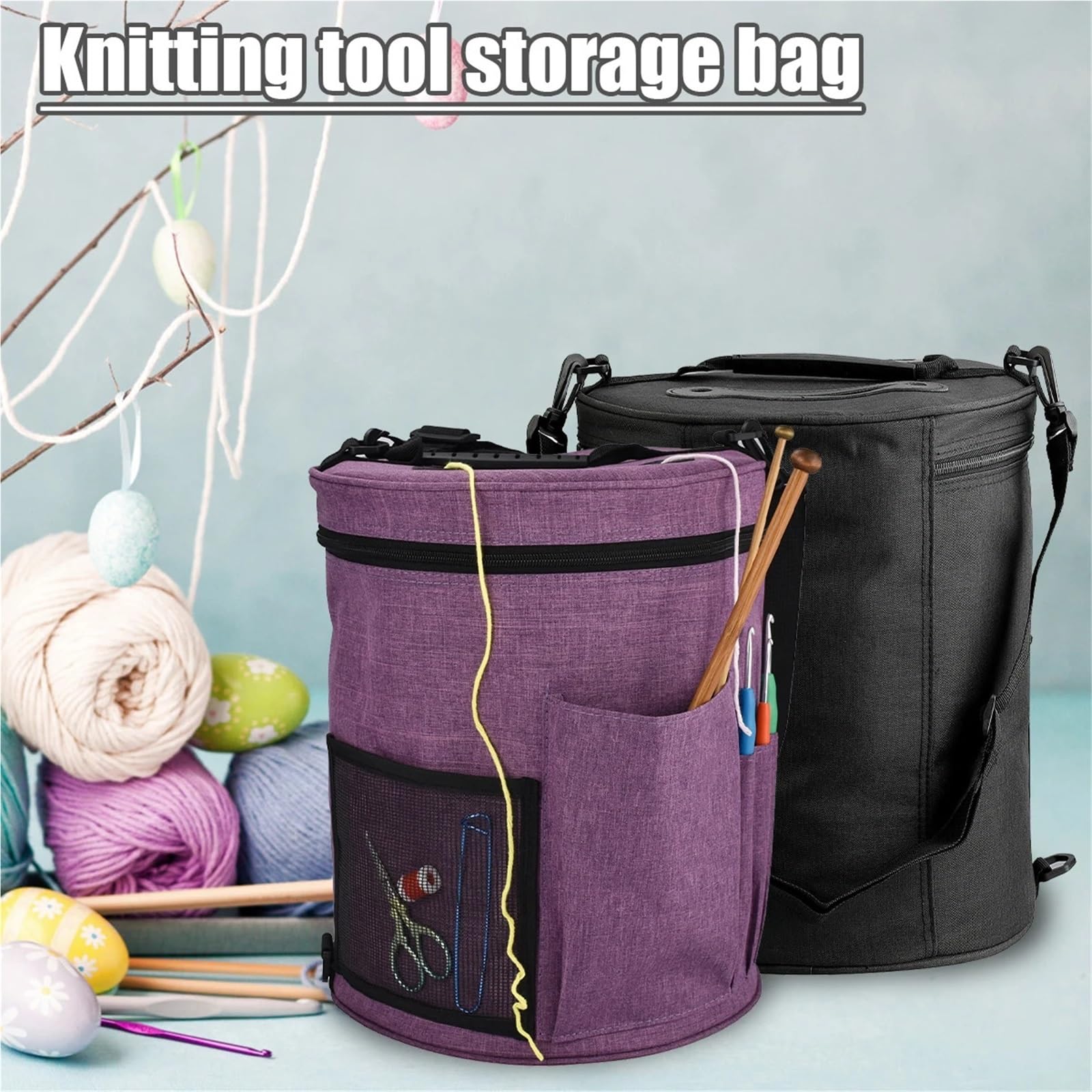 Bolsa de almacenamiento for lanas, organizador de herramientas de tejer redondas de tela Oxford con múltiples bolsillos for hilo, ganchos de ganchillo, bolso de agujas Para Hilos, Ganchillos(Purple)
