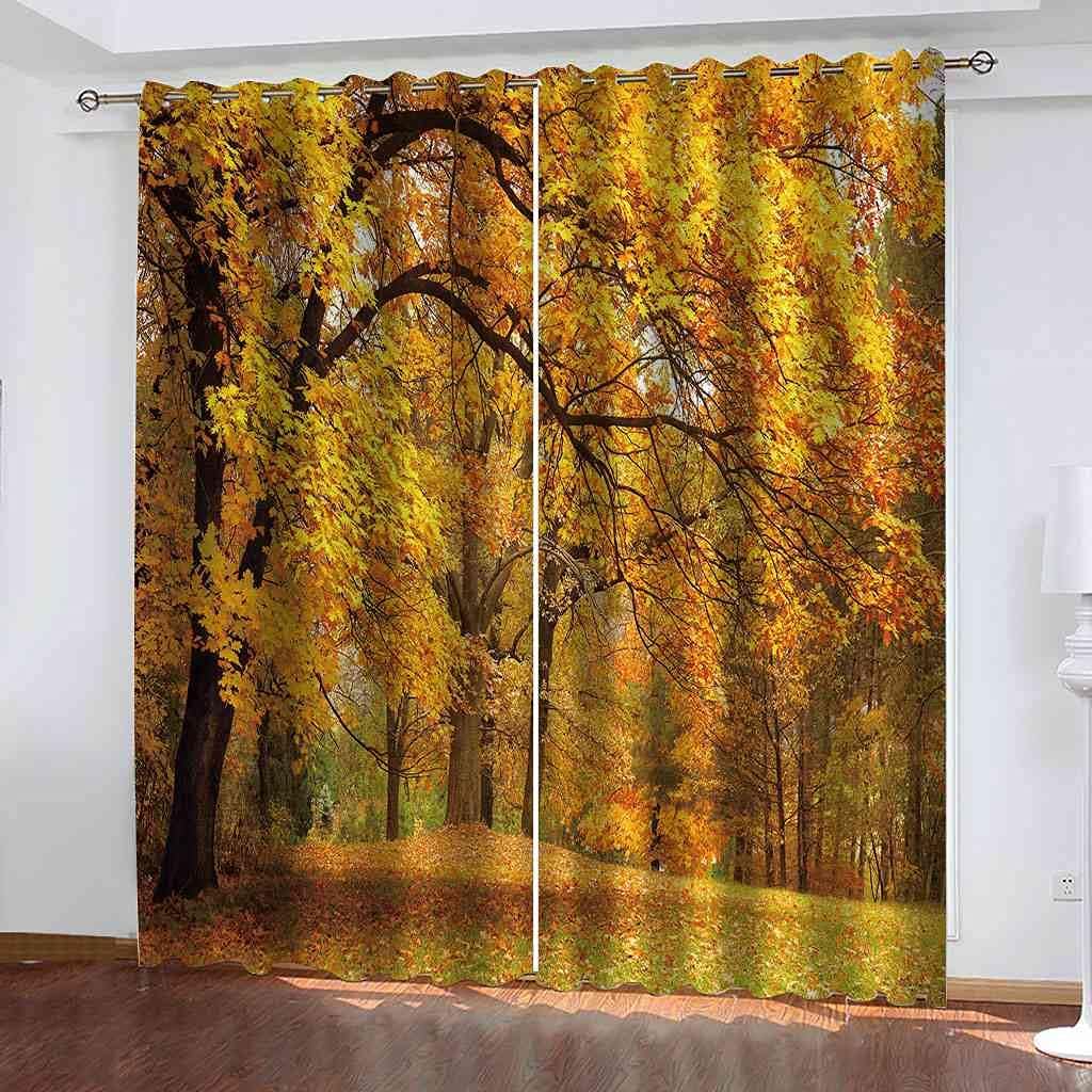 Modern Blackout Curtains with Eyelet 3D Printed Thermal Insulated Window Treatments Golden Woods Landscape Living Room Bedroom Window Drapes 2 Panel Set 72" X 108" (2XW27.5"xL63")