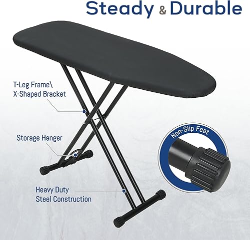 Miniatura 4 de Tabla de planchar de 43 x 13 pulgadas con soporte para plancha, tabla de hierro compacta tamaño completo con cubierta gruesa y almohadilla, colgador