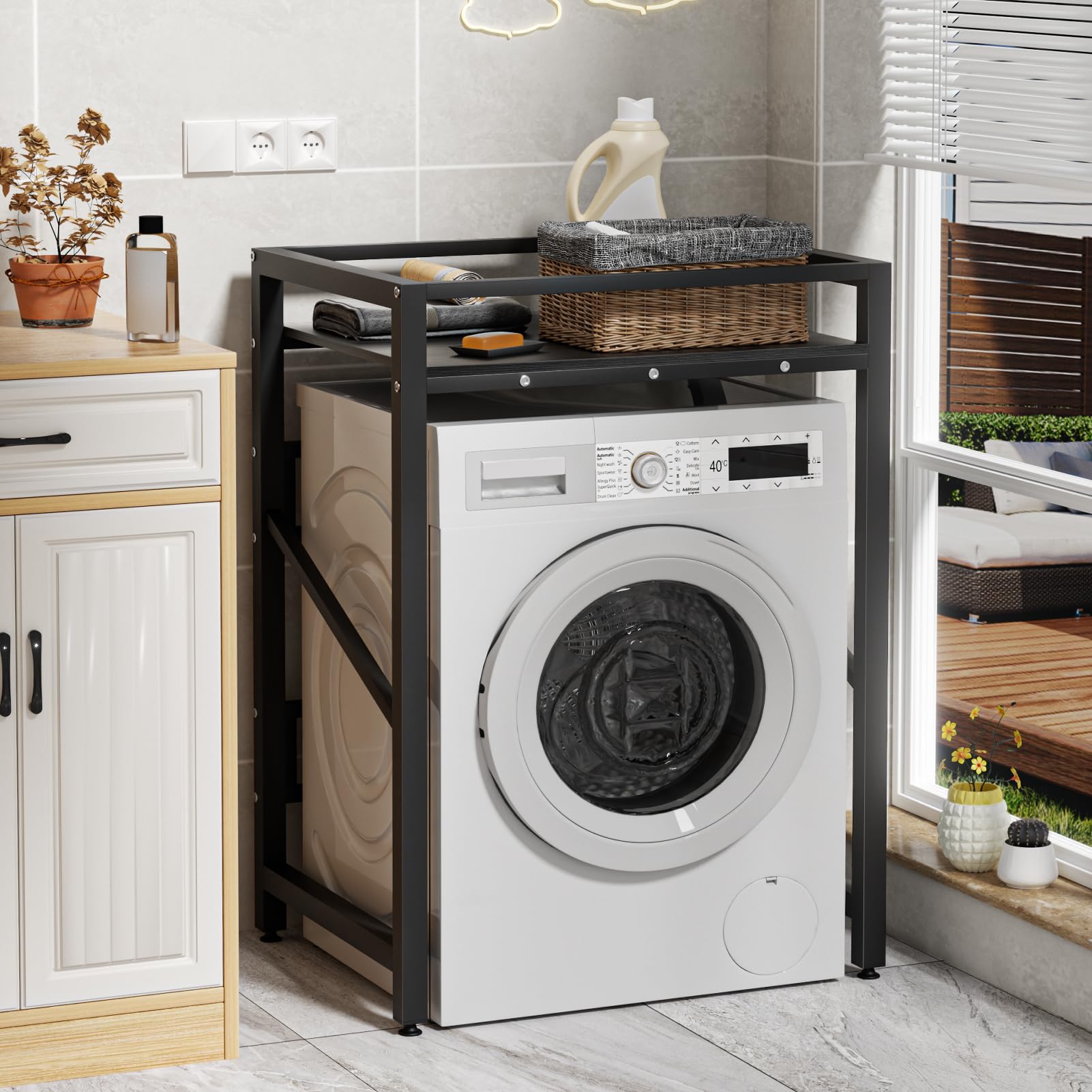Washer Dryer Stacking Rack, Heavy Duty Over Washing Machine Shelves 3 Height Adjustable, 300KG Capacity, Washer Dryer Stacking Kit for Laundry, Bathroom, Kitchen (Black 2)