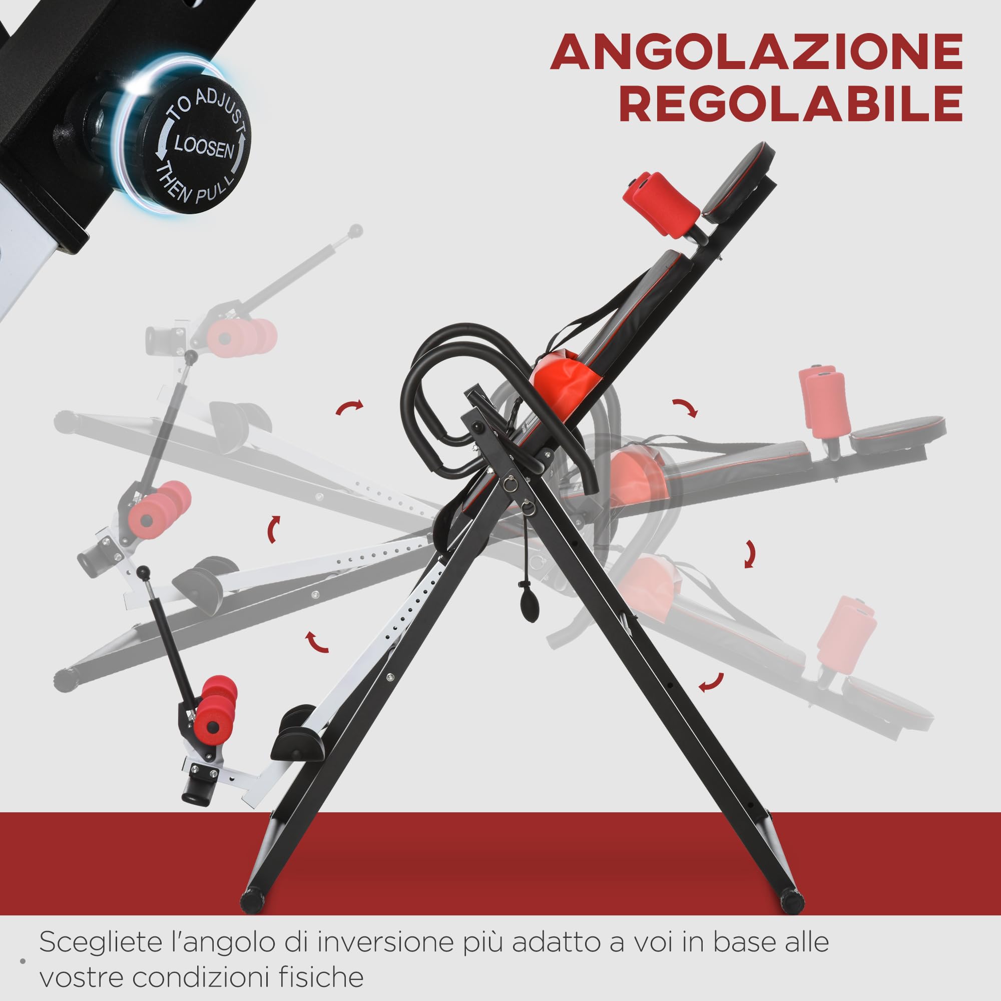 HOMCOM Panca a Inversione con Angolazione e Altezza Regolabile e Poggiatesta, Panca Inversa in Acciaio e Plastica, 79x114x153 cm, Rosso e Nero