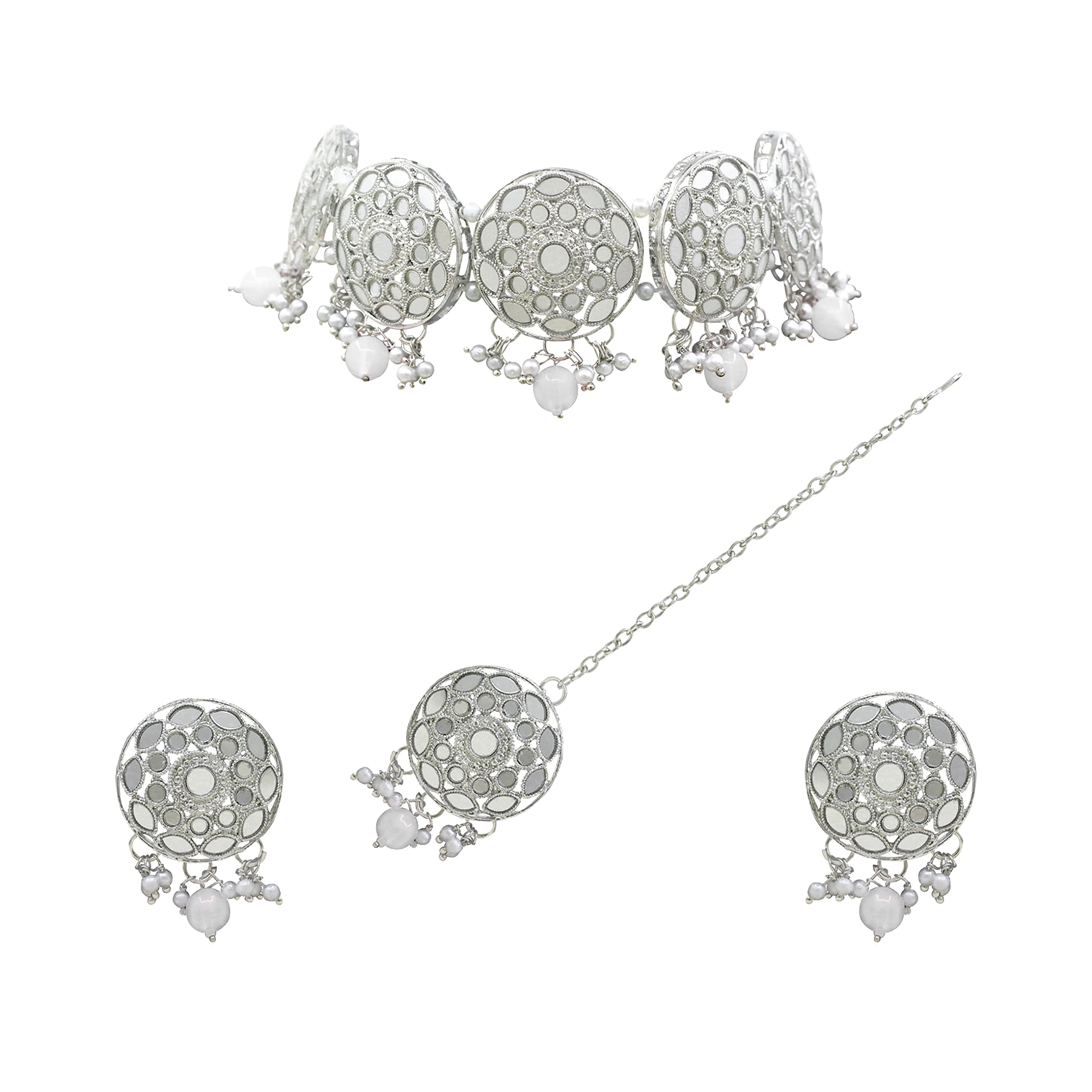 SAIYONI Glamorous Design Silver Plated Mirror Work Choker Necklace Earring With Maangtikka Jewellery Set