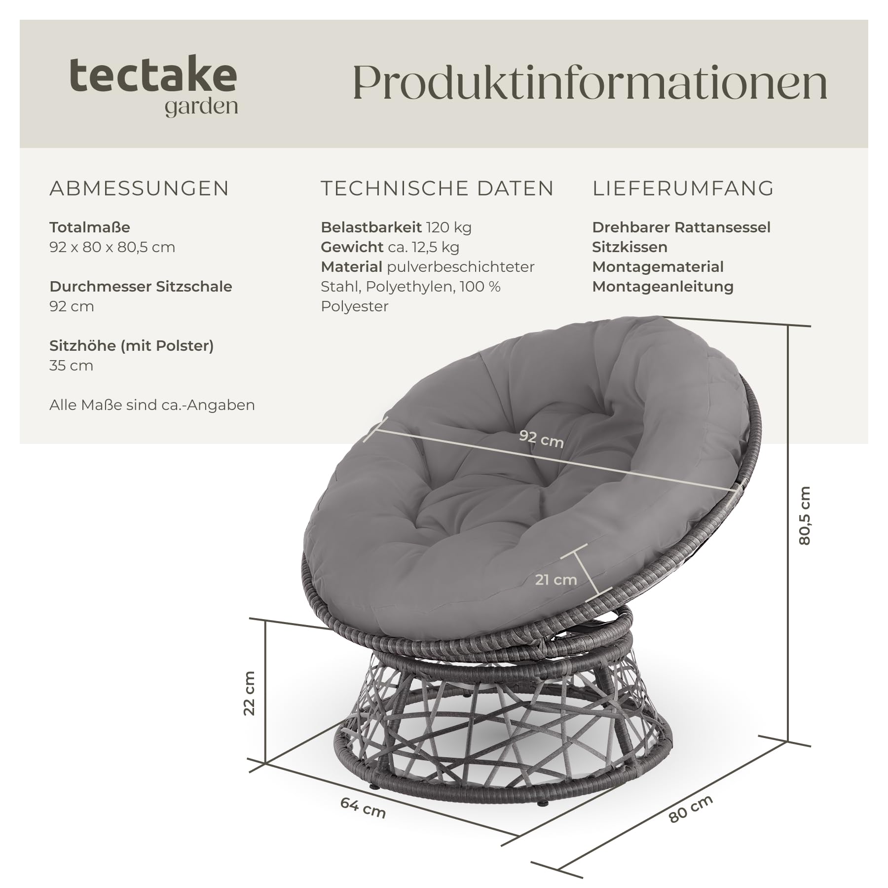 tectake® Papasansessel, gemütlicher Drehsessel mit Kissen rund, bequemer Rattansessel, Loungesessel drehbar, runder Relax Korbsessel Rattan für Wohnzimmer, Leseecke, Lounge - grau