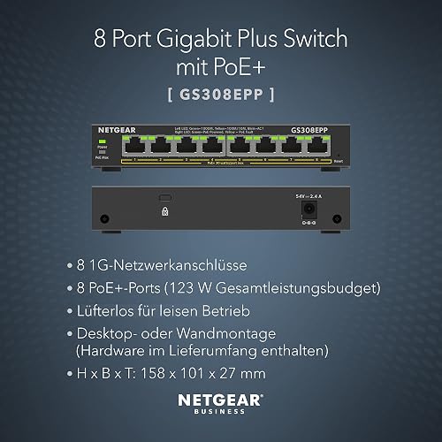 NETGEAR (GS308EPP) Switch Ethernet 8 PoE+ 124, RJ45 Gigabit (10/100/1000), Serie Plus, Positionnement Bureau ou Mur, Silencieux sans Ventilateur, Plug and Play - 2