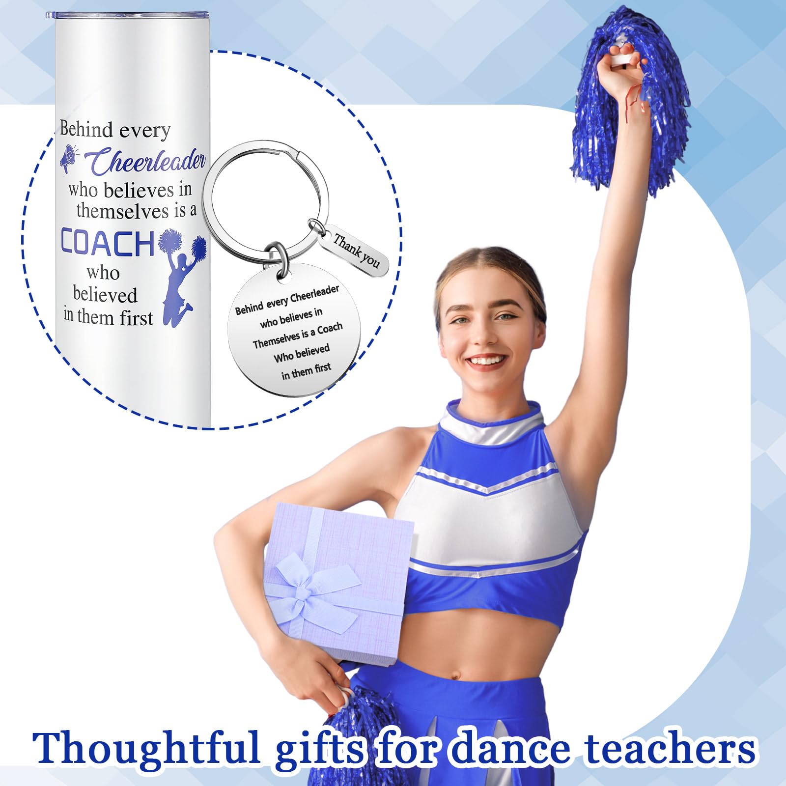 Suclain 2 Pcs Cheer Coach Gifts Set for Women 20 oz Cheerleader Tumbler with Lid Straw and Cheerleading Coach Keychain for Coach Cheerleader Birthday Retirement Gifts(Blue)
