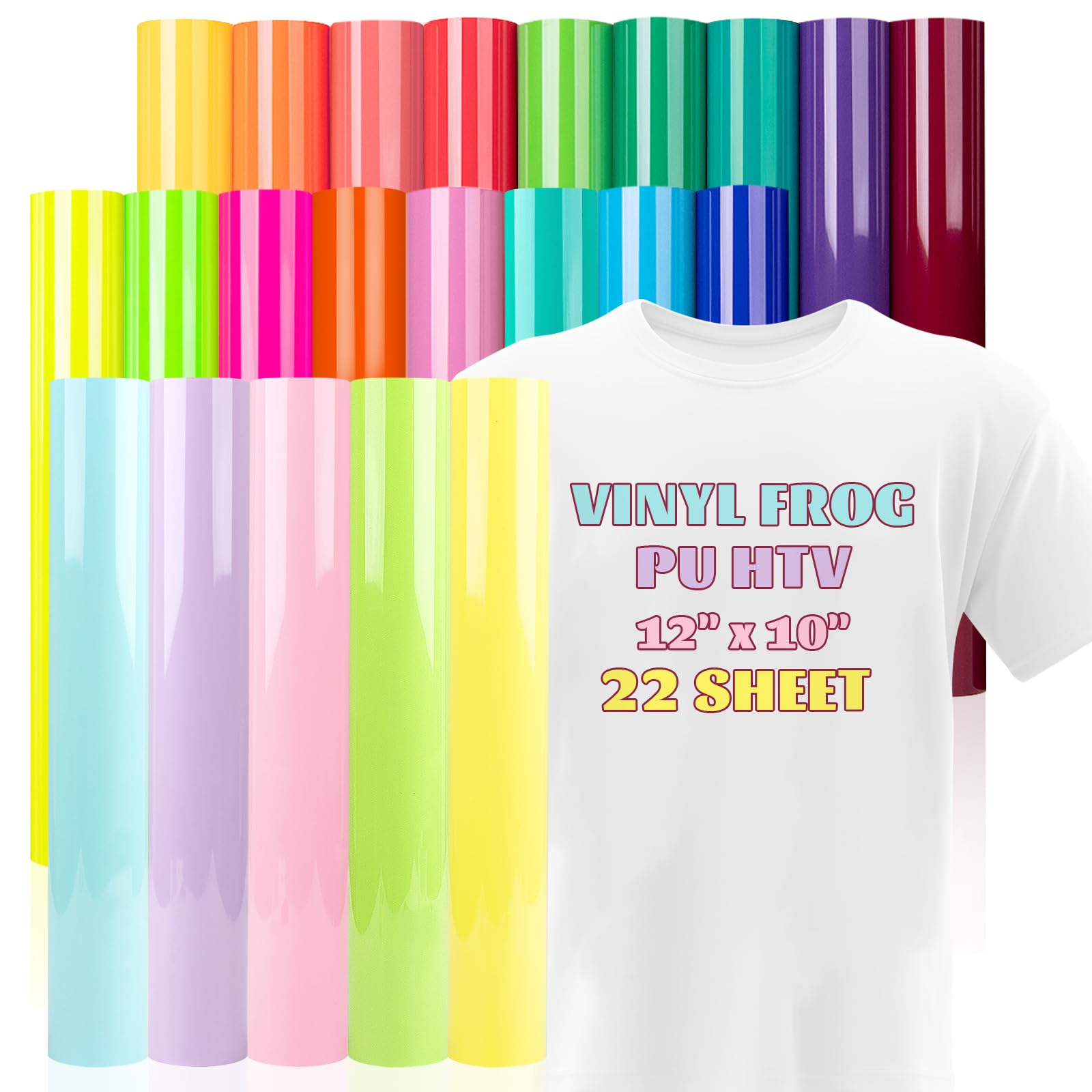 VINYL FROG Heat Transfer Vinyl Bundle 22 Pack Multicolored HTV Vinyl Sheets 12"x10" Pastel Iron on Vinyl with Teflon Sheet for T-Shirts Clothing Bags Easy to Cut &Weed