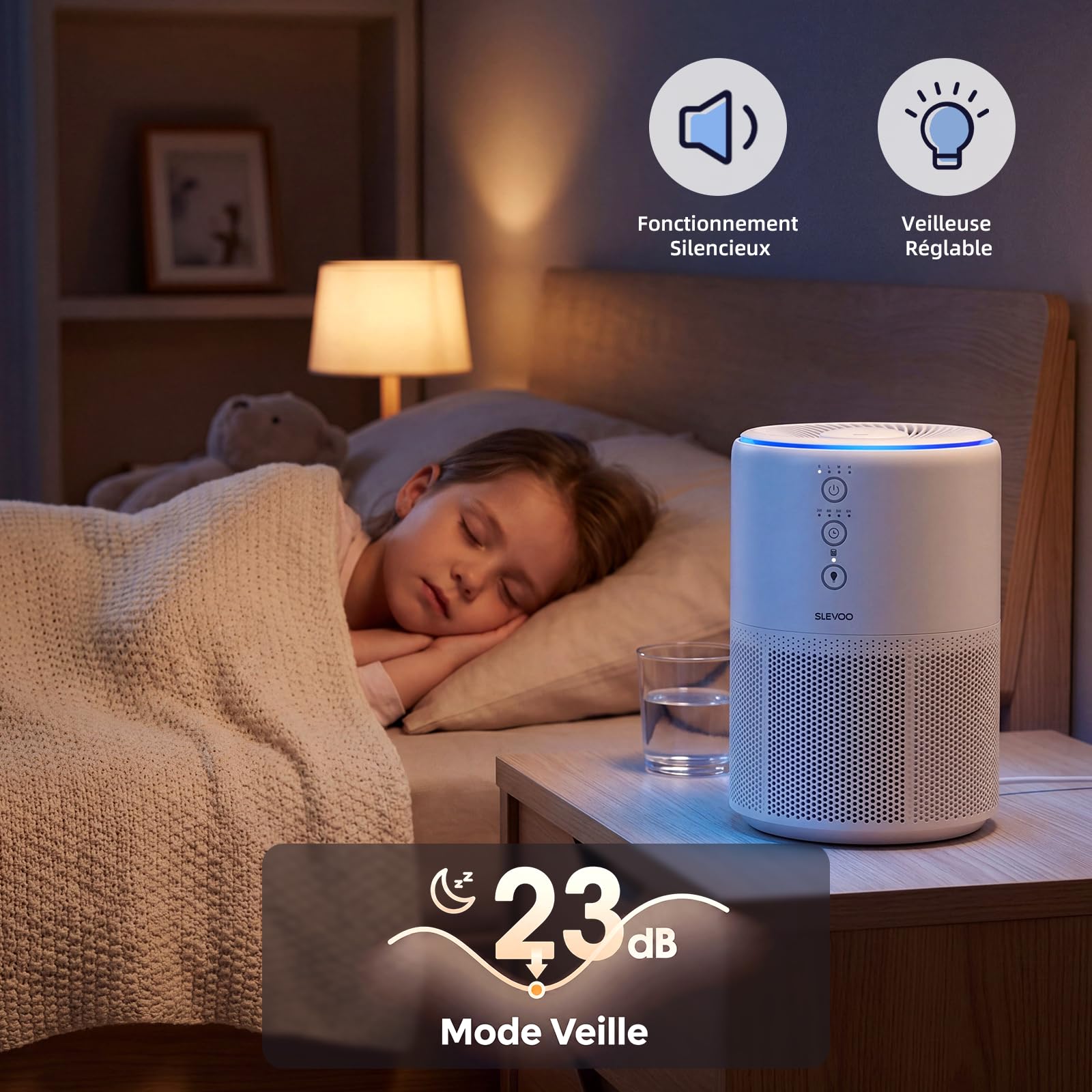 Slevoo Purificateur D'Air Chambre, Éliminant 99,97% La Fumée, La Poussière, Le Pollen Et Les Odeurs, Filtre Hepa H13 Avec Éponge Parfumée, 3 Niveaux De Vitesse & Time Mode Sommeil À 23 Db,Blanc