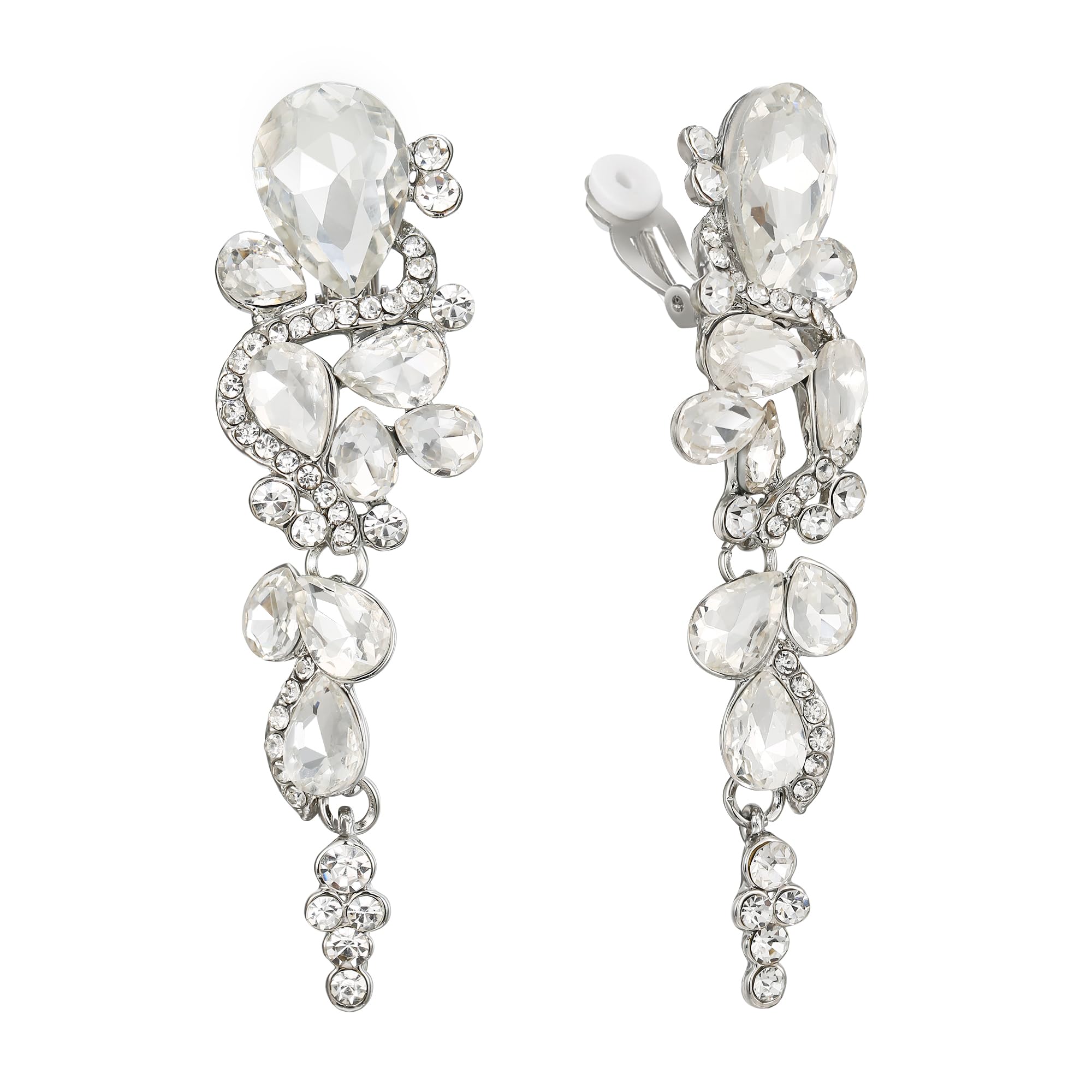 Bohemian Teardrop Cluster Crystal Diamante Clip-On Long Drop Dangle Chandelier Earrings, Statement Earrings for Costume, Wedding Bridal Jewellery for Brides
