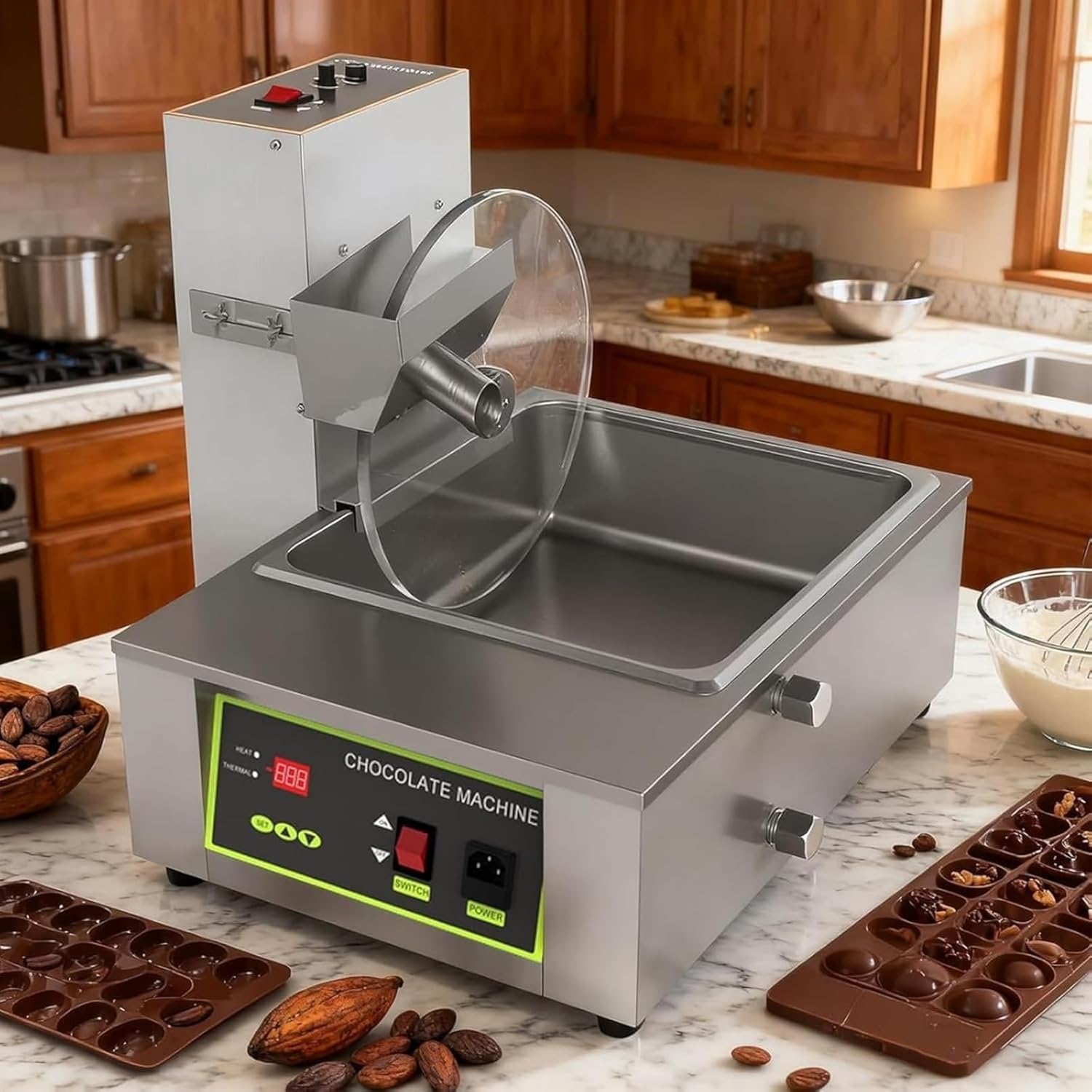 Commercial Chocolate Melting Pot & Tempering Machine with Mixing Wheel, Coating Moulding Mixer with Melting Furnace, Heated Chocolate Depositing Maker,Fountain Furnace Melter