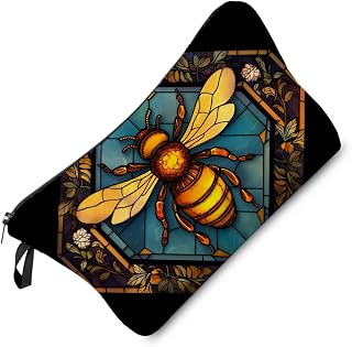 Livel lhood Stained Glass Bee Cute Small Makeup Bag | Printed Padded Cosmetic Organizer Zipper Pouch, Stained Glass Bee Gift for Women Friends