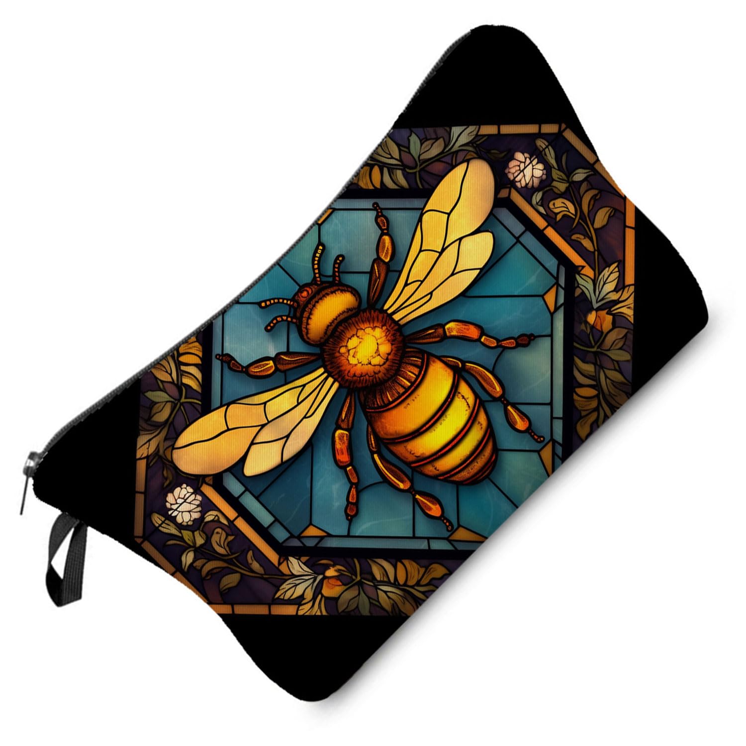 Livel lhood Stained Glass Bee Makeup Bag Colorful Cute Small Organizer Bag Zipper Pouch Stained Glass Design Bee Cosmetic Bag Present for Women