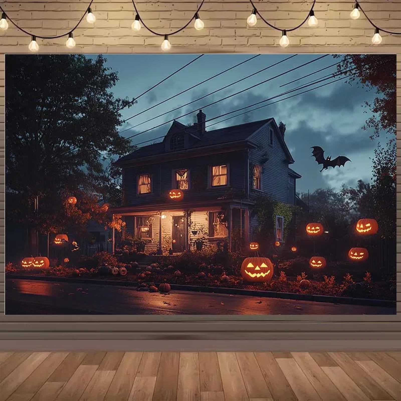 1 sztuka Halloween Curl House Tło z dyniami i nietoperzami nie wymagającymi dekoracji elektrycznej