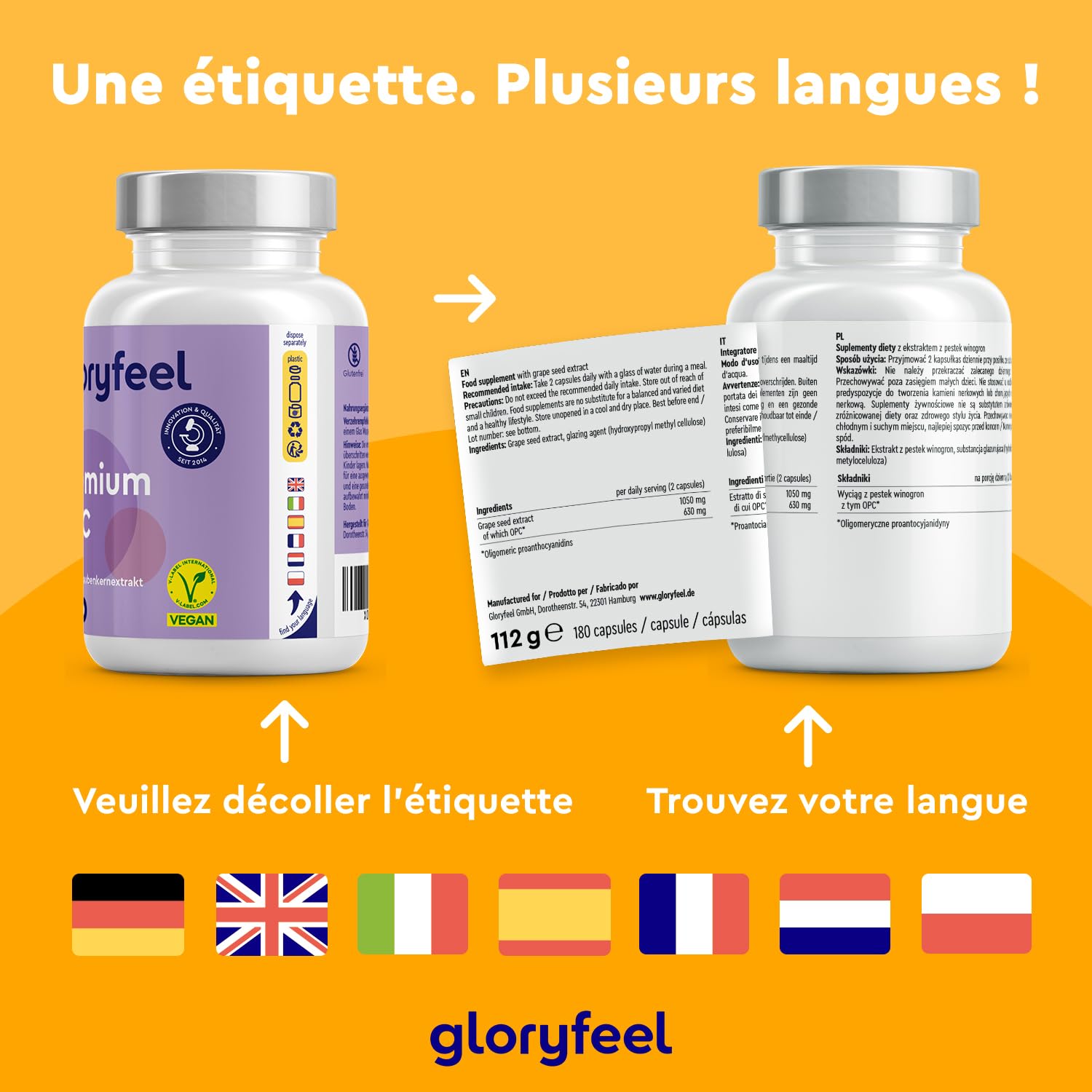 OPC Extrait de Pépin de Raisin Français 1050mg, Teneur HPLC Très Élevée, 630 mg d'OPC Pur Par Jour, 180 Capsules, 100% Naturel, Végétalien, Qualité Premium, Testé en Laboratoire