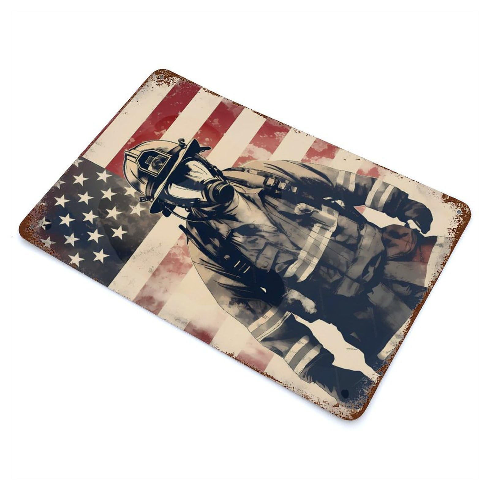 Firefighter USA Flag 11.8"x7.9" Aged Metal Wall Plaque, Classic Wall Plaque for Basement, Hobby Room And Garage Decor