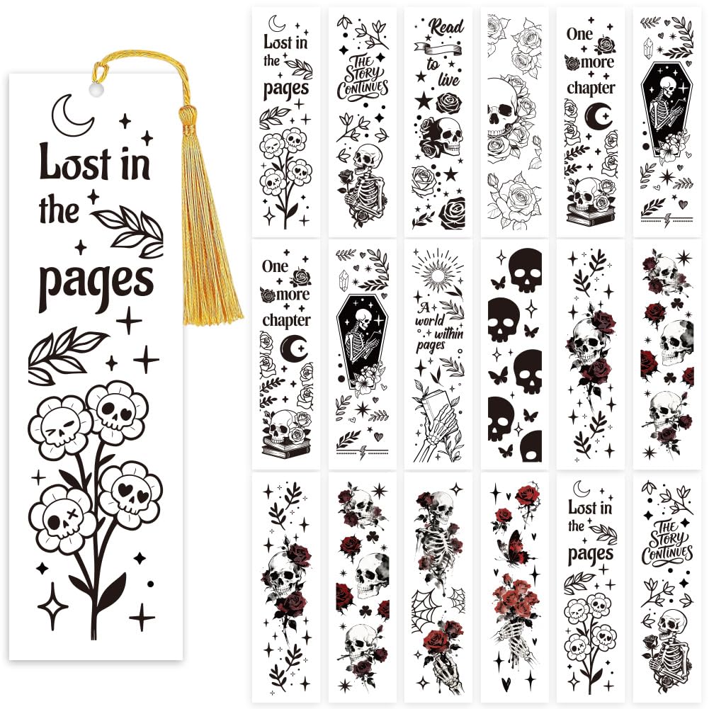 PRESSINART 24Pcs 12 Styles Acrylic Bookmark Wraps 5 x 2 Inch Skull Transfer Stickers Funny Floral Skeleton Pattern Reading Books Waterproof Paper UV DTF Wraps for Bookmarks DIY Craft Decorations Gift