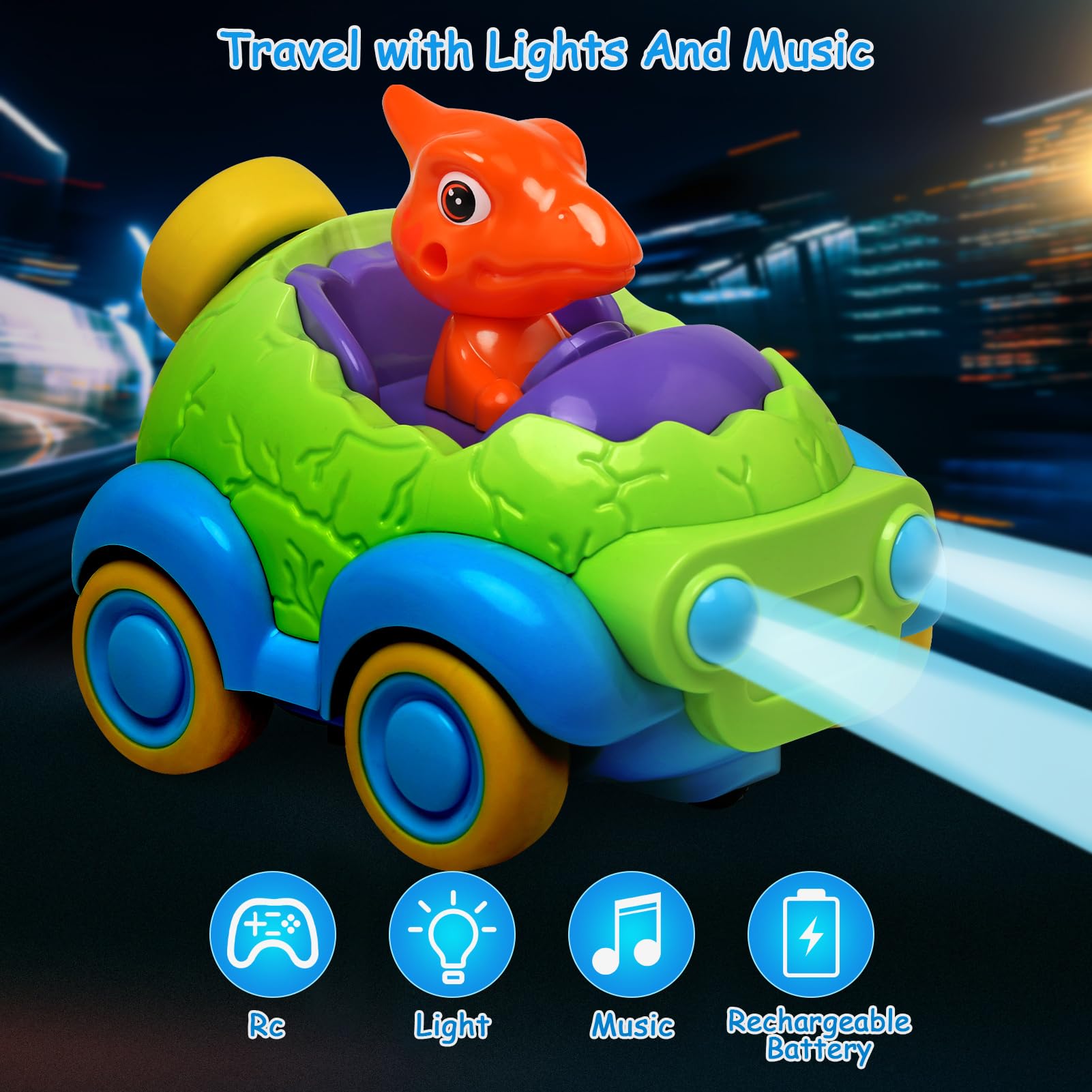 BuzzoXerex Voiture Télécommandée Enfant 2-Pack - Jouet Dinosaure Avec Lumières, Musique - Cadeau 2-6 Ans