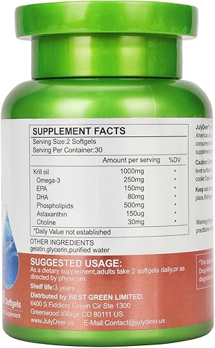 Miniatura 2 de 2 botellas de aceite de krill antártico de 1000 mg con omega-3 EPA, DHA, astaxantina y fosfolípidos, 60 cápsulas blandas, sin regusto a pescado para