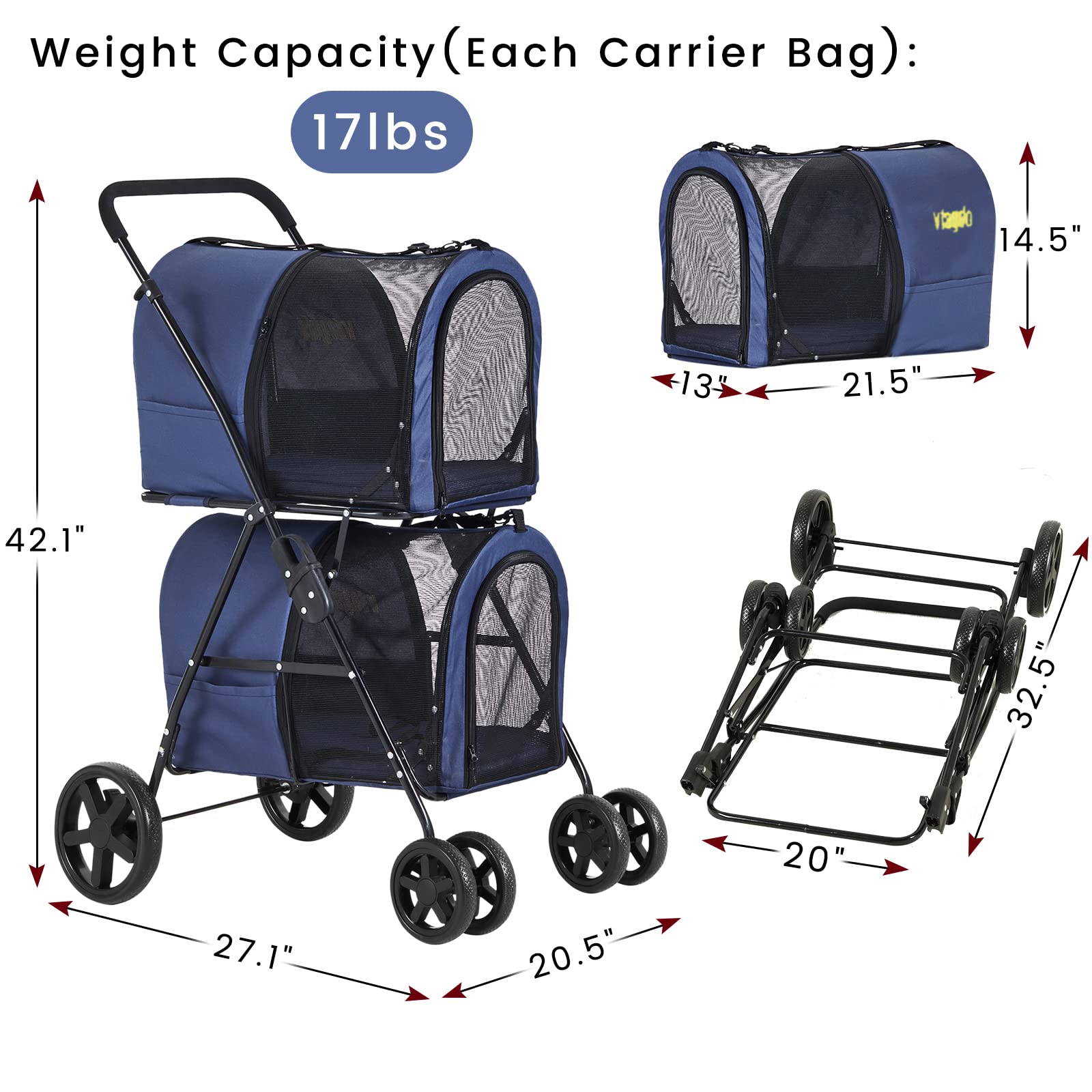 Buy VIAGDO 4in1 Double Pet Stroller for Dogs and Cats, 2 Detachable