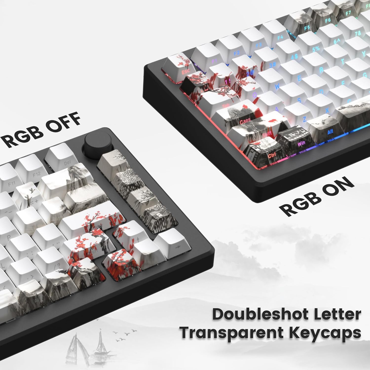 Womier PBT Keycaps Set 130 Keys, Custom White Japanese Keyboard Doubleshot Dye Sub Side Print Shine Through Keycaps 60 65 75 100 Percent, Cherry Profile, Cherry Blossom