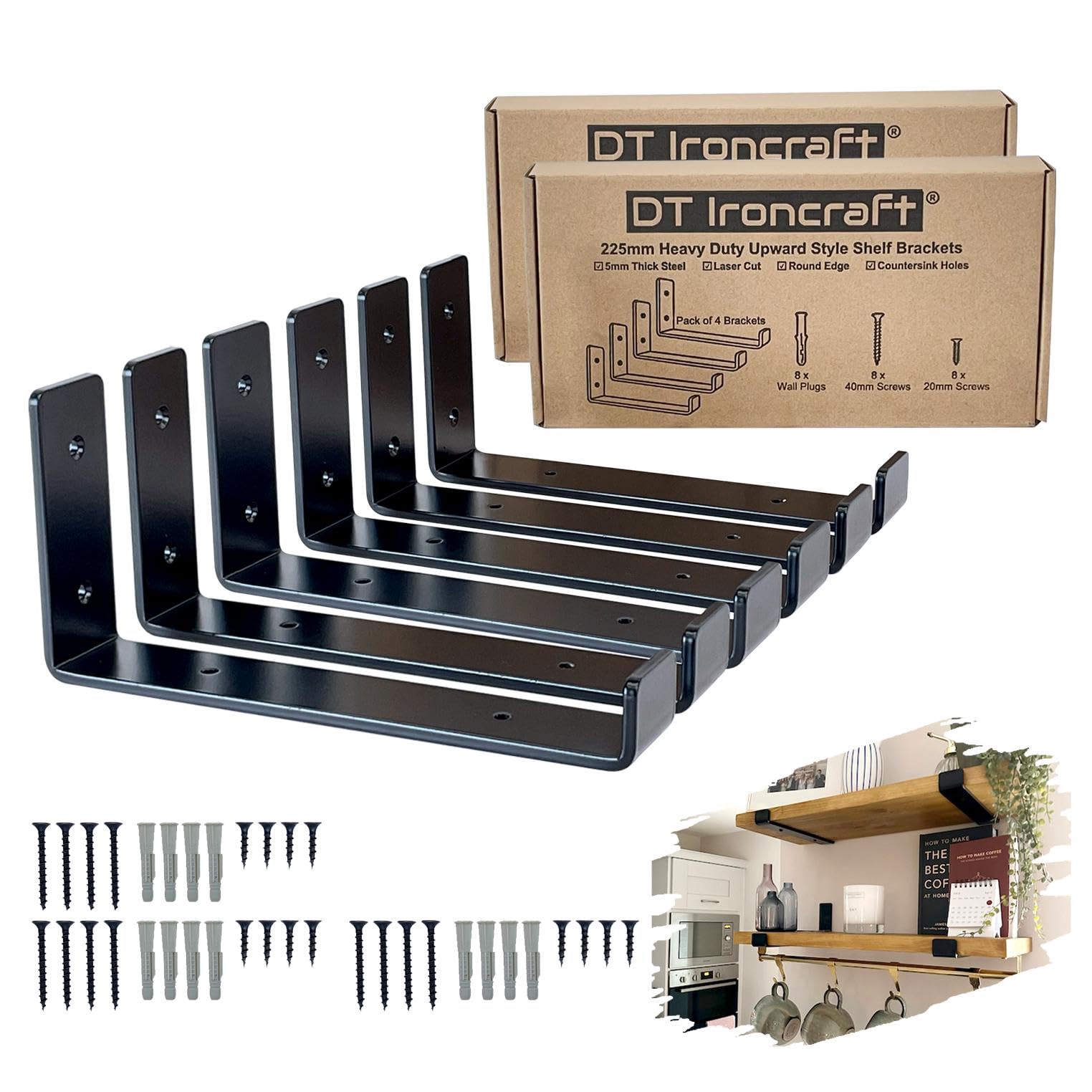 Shelf Brackets for Scaffold Board Shelving - Heavy Duty Durable Industrial Style 9 inch Shelf Bracket with Lip - Made from 5mm Steel by DT Ironcraft - 225x40mm (Black, Lip UP 6 pcs)