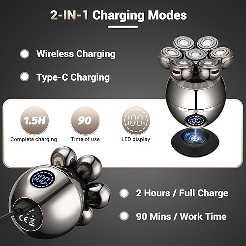 Miniatura 7 de Maquinilla de afeitar eléctrica para cabeza y cuerpo para mujeres y hombres, kit de aseo 5 en 1, carga inalámbrica inalámbrica recargable tipo C,