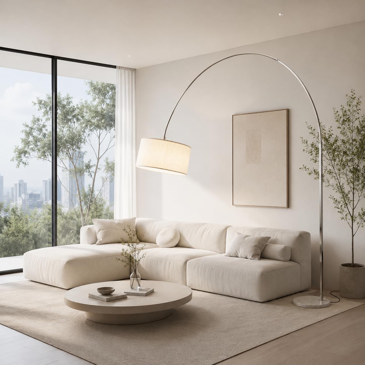 Alpinaluz lampada da terra ad arco grande 240 x 220 cm, base in marmo bianco naturale, paralume in tessuto beige orientabile Ø50 cm, design moderno, attacco E27, per soggiorno e sala da pranzo