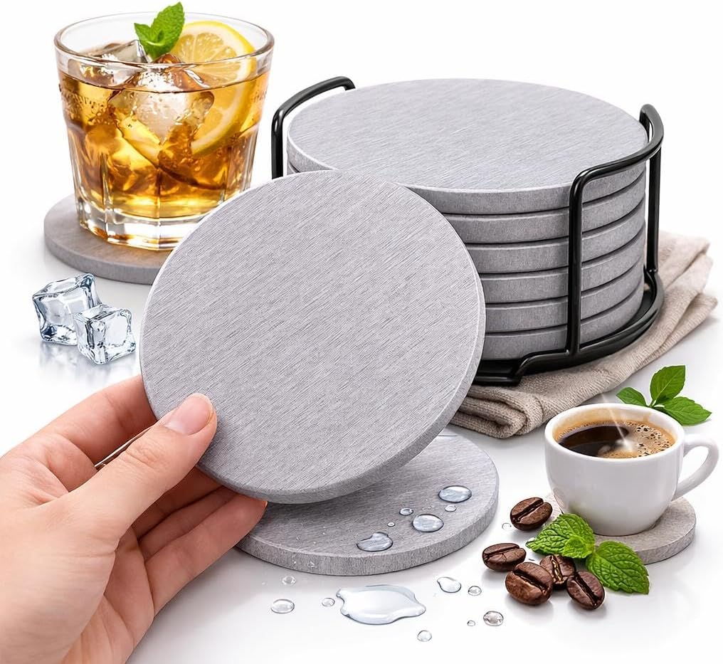 Premium Stone Coasters Set for Drinks – 6 Round Absorbent Coasters with Non-Slip Base & Holder – Protects Furniture from Spills & Heat – Elegant Home, Office, Bar Decor Gift Set