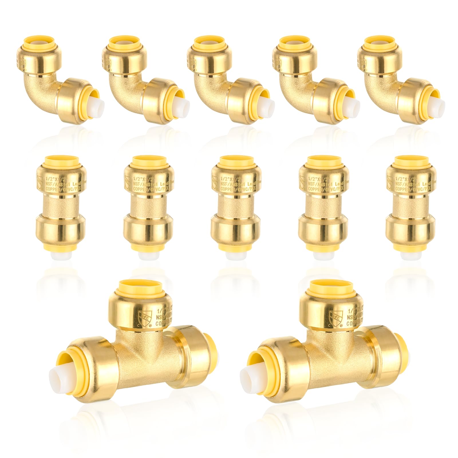 Paquete de 12 accesorios combinados de ajuste a presión de 1/2 pulgada, 5 acoplamientos + 5 codos + 2 piezas en T, empuje para conectar Pex, cobre, CPVC, con clip de desconexión