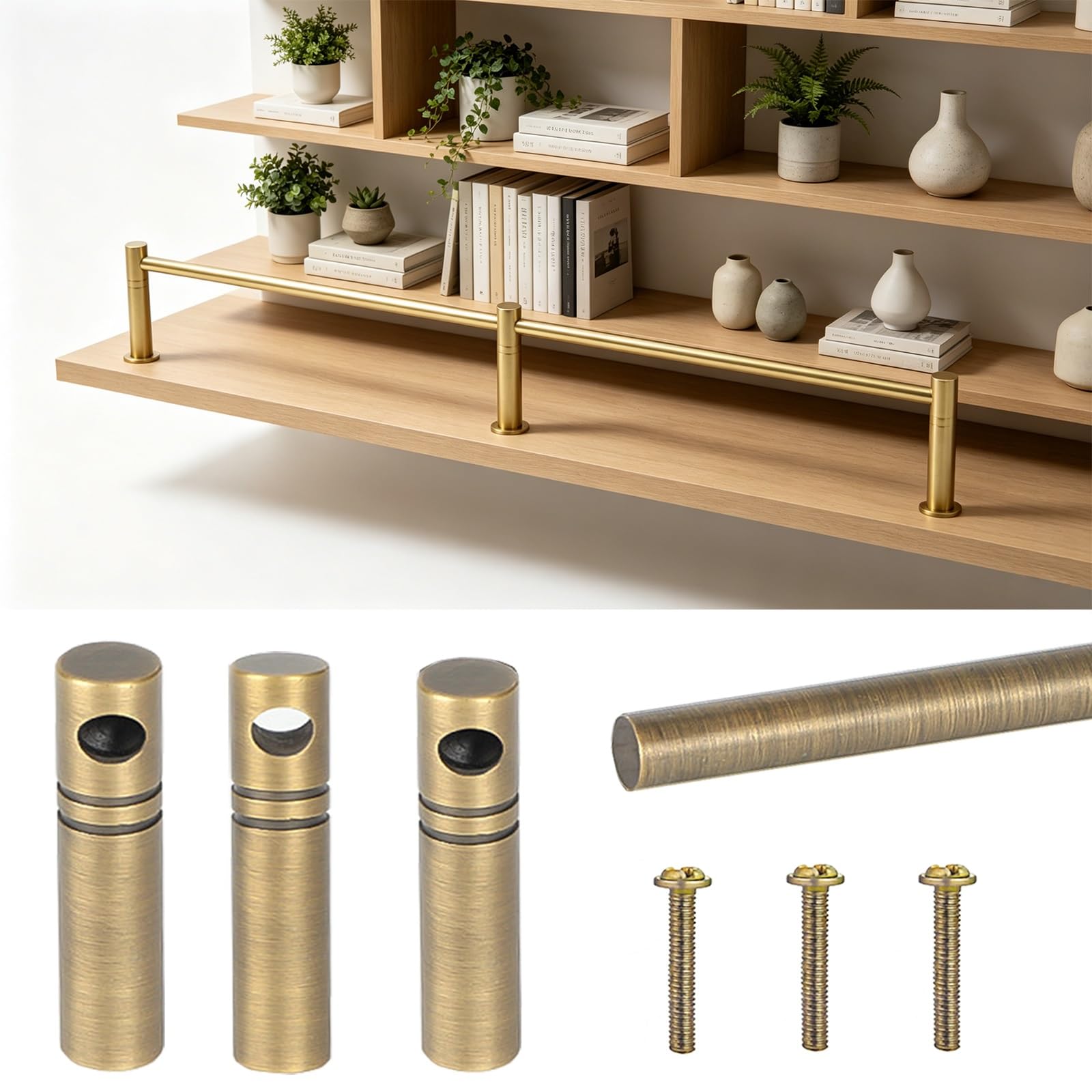 ERRULAN Anti-fall Brass Guardrail Bars for Open Shelves, Shelf Guard Rail Decorative for 0.5-0.7in Thick Plank, Minimalist Tipping/Gallery Railing(Bronze,12in/30.5cm)
