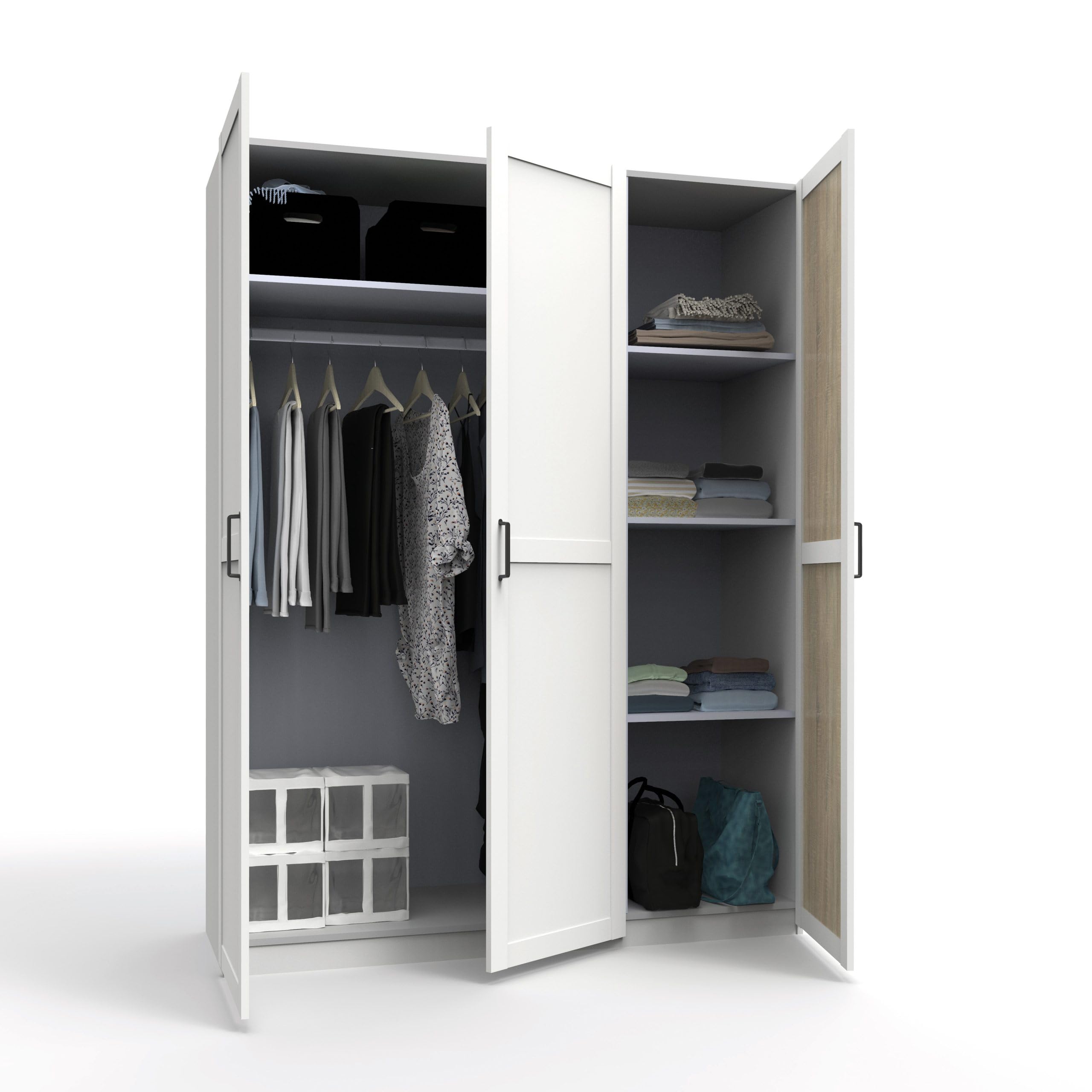 MUEBLES PITARCH Armario Dormitorio Ropero 3 Puertas Molduradas 1 Barra, 1 Altillo y 3 Estantes, Blanco, 200x150x55cm (Alto x Ancho x Fondo), Moderno, Colección Coimbra