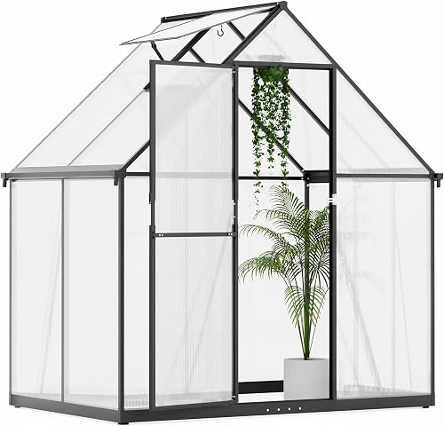 ALAULM 6 x 4ft Polycarbonate Greenhouse, Large Walk-in Garden Greenhouse with Lockable Door, Gabled Roof & Dual-Side Rain Gutters for Plants, Patio, Backyard(Black) - 9