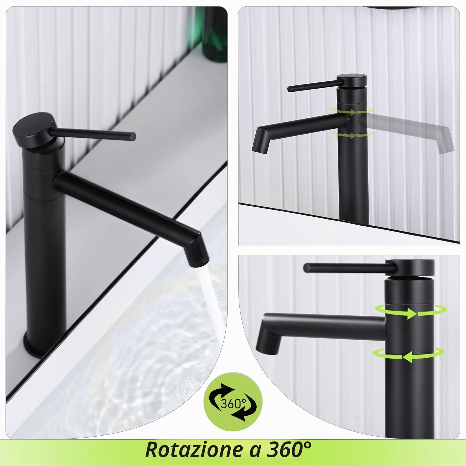 Rubinetto Miscelatore Lavabo a 360°, Monocomando per Lavabo e Lavandino, Nero