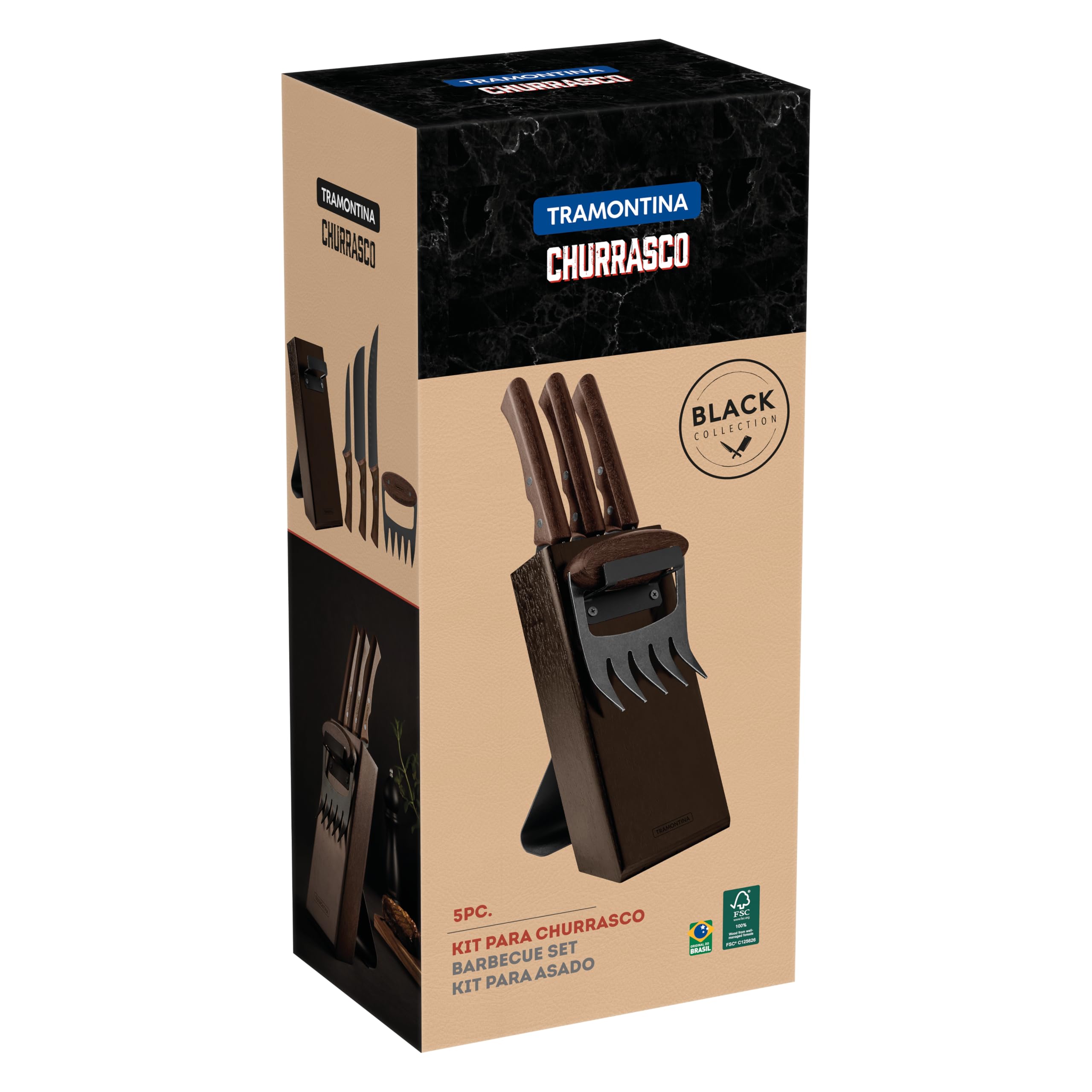 Tramontina Juego de Cuchillos Acero inoxidable y Madera, Churrasco Black 5 pzas