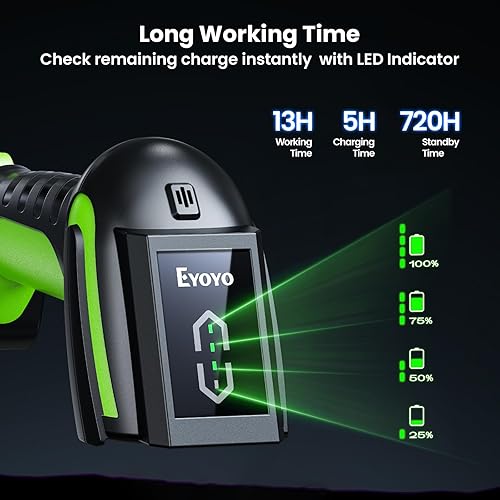 Miniatura 4 de Eyoyo Escáner de código de barras inalámbrico industrial escáner Bluetooth impermeable 3 en 1 con base de carga e indicador de batería, lector de