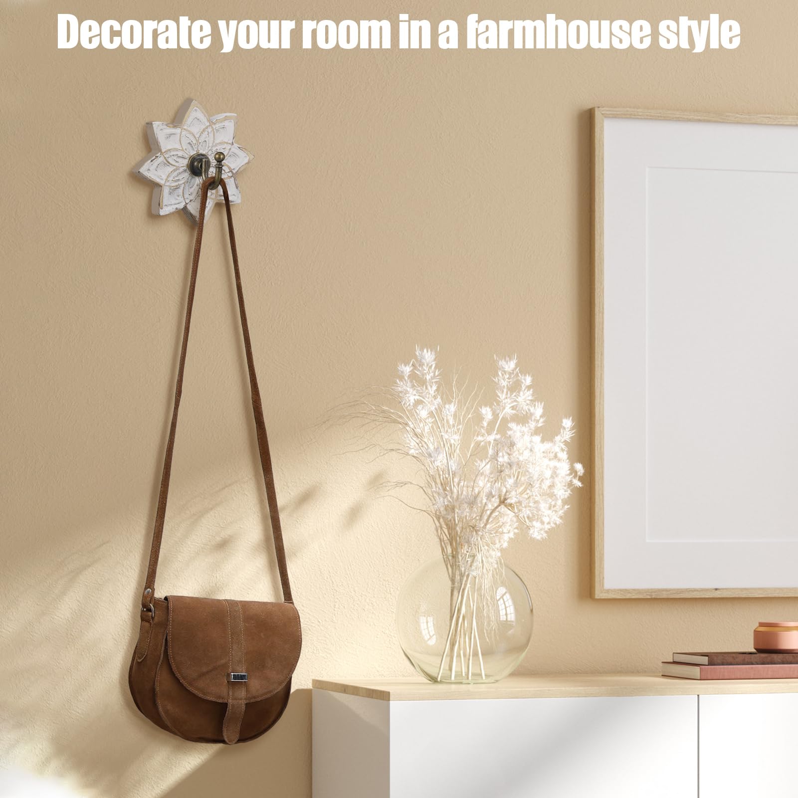 Weysat 3 ganchos de pared para abrigos de granja, ganchos decorativos blancos, ganchos decorativos de madera envejecida, ganchos de pared tallados, decoración de pared elegante, ganchos para colgar
