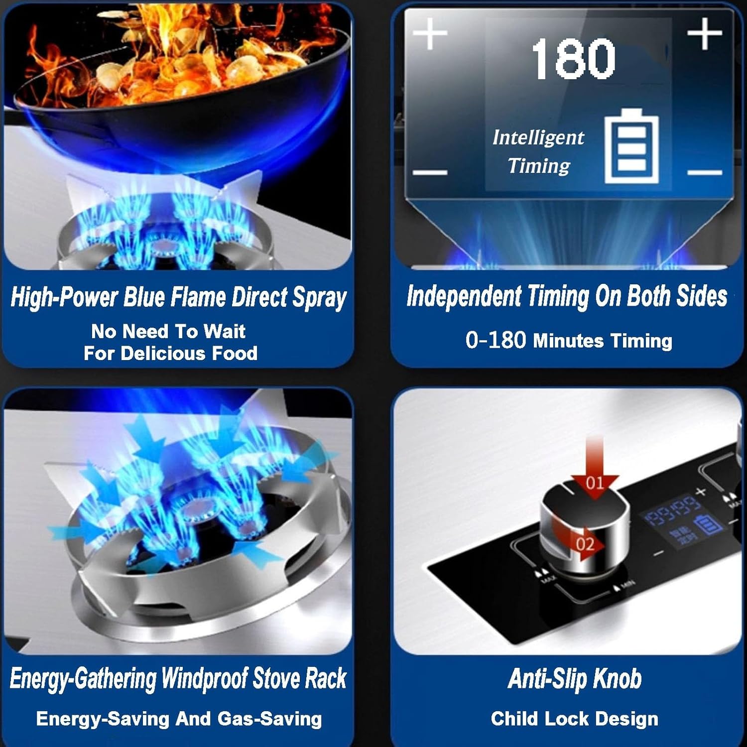 Gas Cooker,5.2kW Timer-Controlled Dual-Use Stove,Stainless Steel Double-Burner,for Family Restaurants Food Stalls(NG)