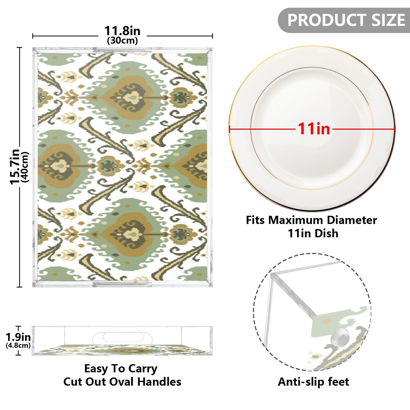 Bandeja acrílica rectangular con patrón étnico ikat, bandeja de acrílico transparente tradicional con asas, bandeja de desayuno acrílica de 12 x 16 pulgadas, bandeja transparente a prueba de derrames