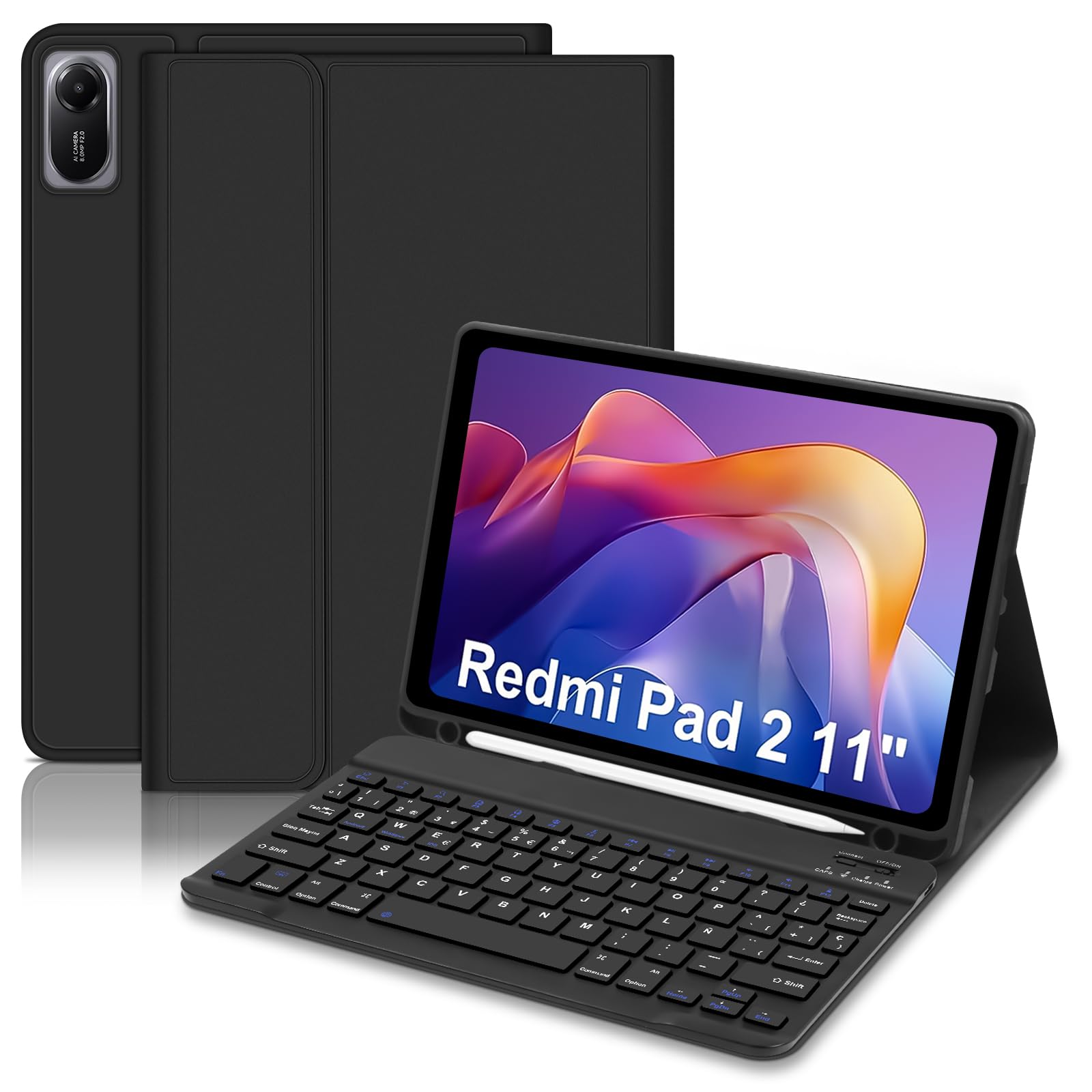 Funda con Teclado para Xiaomi Redmi Pad 2 / Pad SE 11" 2023, Teclado Bluetooth Magnético con Español Ñ, Funda Protectora para Teclado Extraíble con Portalápices para Xiaomi Redmi Pad 2 11" 2025 Negro