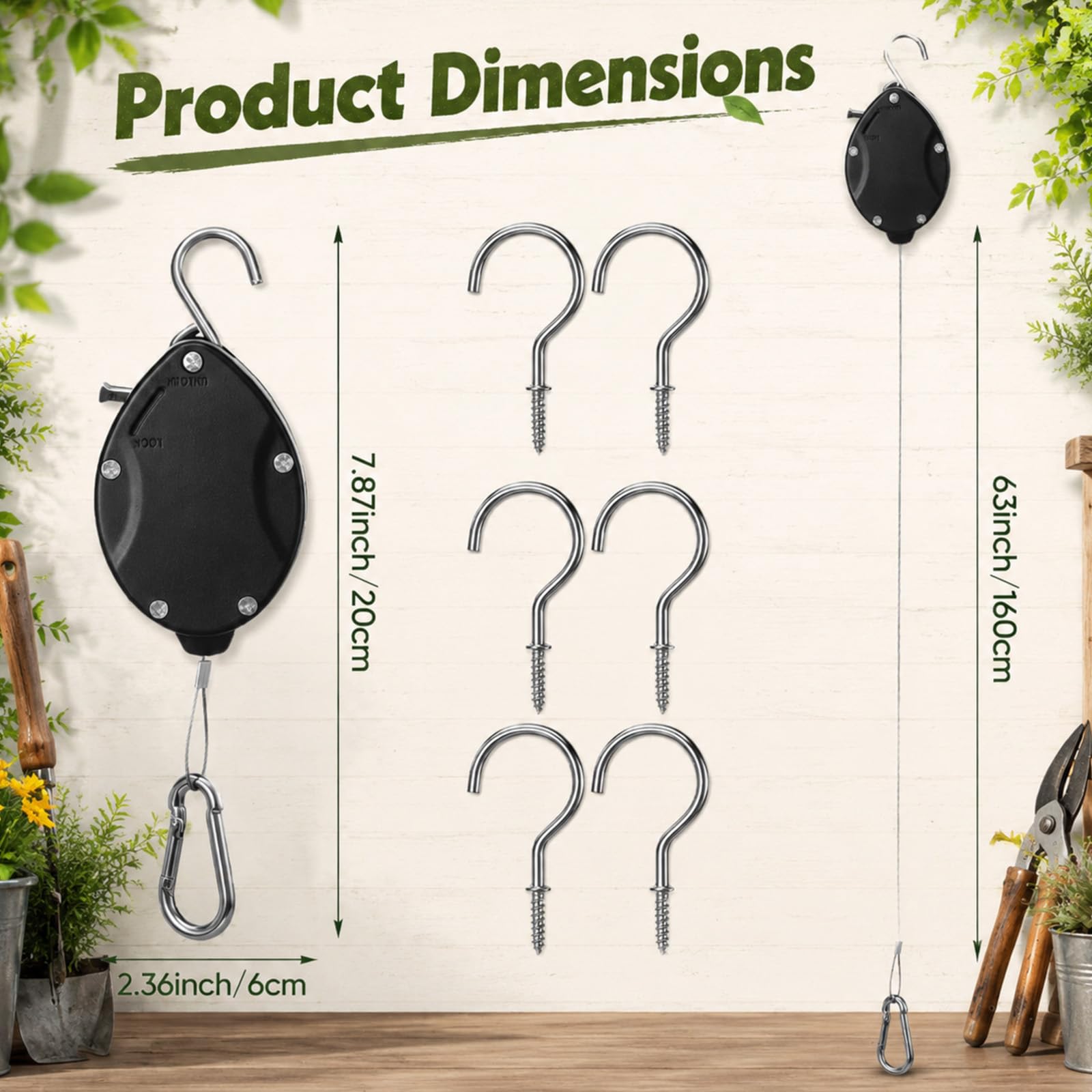 Flutesan Lot de 6 cintres rétractables avec 6 crochets de plafond en métal, poulies pour plantes suspendues, verrouillage automatique, crochets réglables pour panier de jardin, mangeoire à oiseaux et