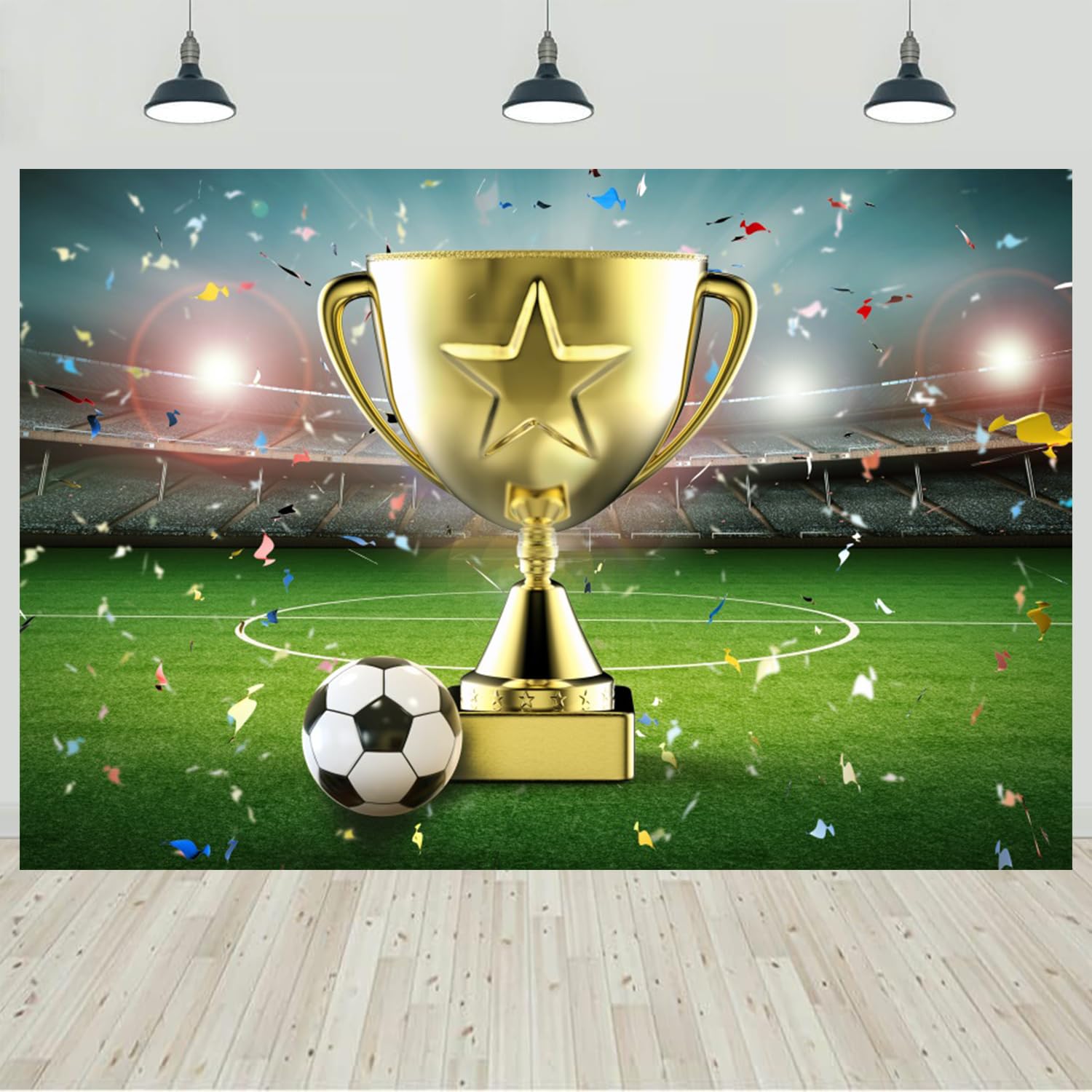 Ckihgenn 7x5ft Soccer Champion Backdrop Stadium Football Field Championship Trophy Confetti Photography Background Soccer Theme Decorations Banner