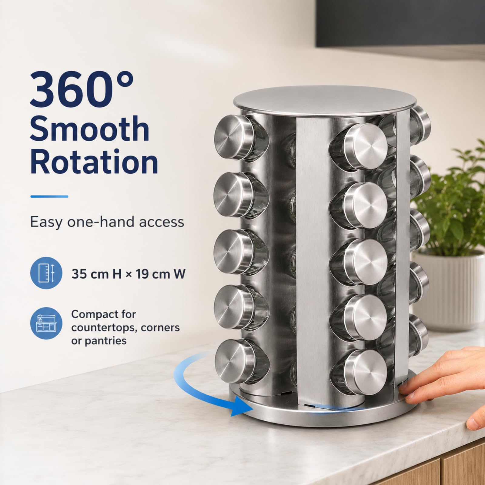 Gewürzregal drehbar, Edelstahl, mit Etiketten und Stift | Gewürzregal Stehend 5-stöckiges Design Spice Rack 360° Drehbar, mit 20 Gewürzdosen für die Küche